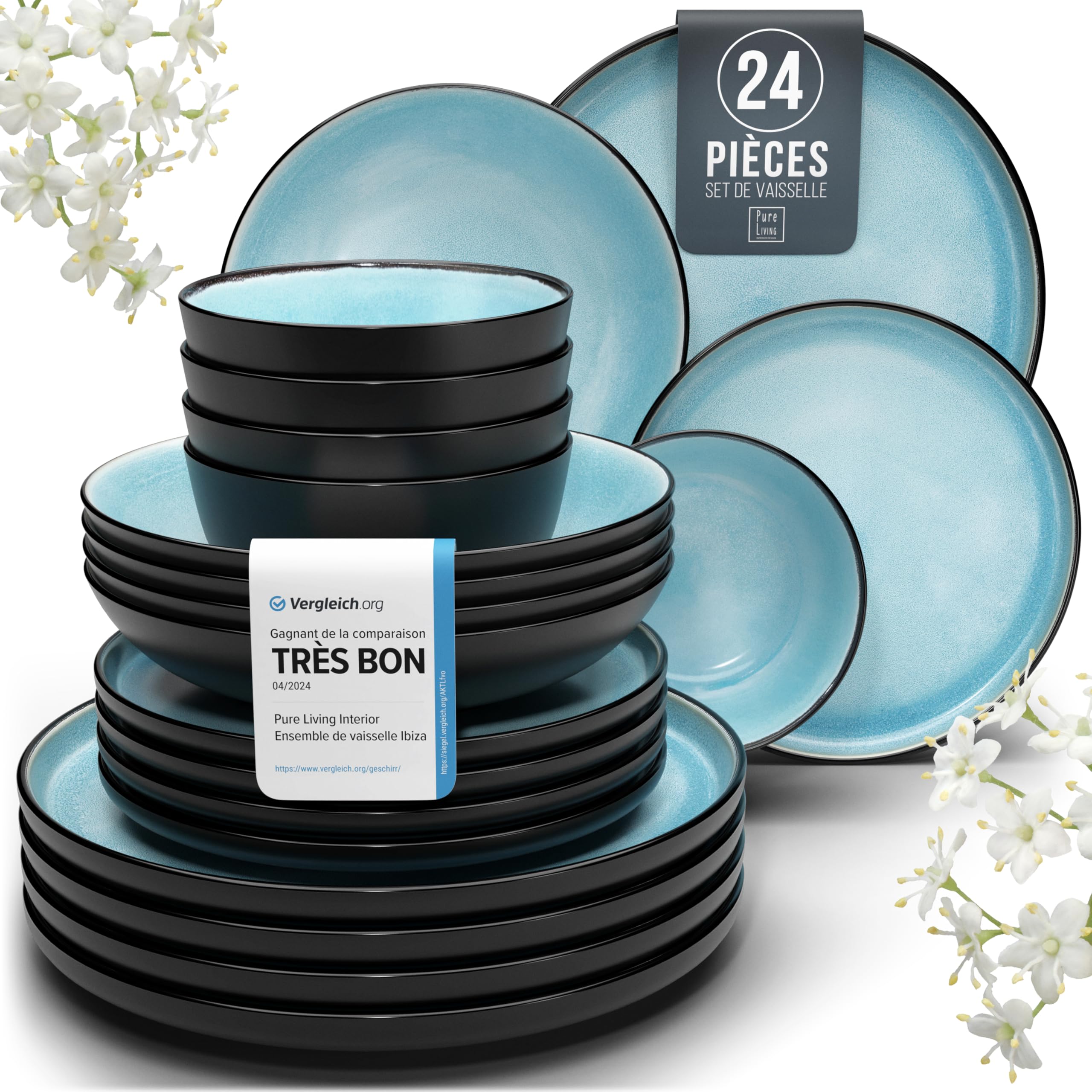 PURE LIVING INTERIOR DESIGN Ibiza Stoneware Dinnerware Set 24 Pieces: Tableware Set for 6 People, Dishwasher and Microwave Safe, Aquamarine, Dinner Service Plates, Tableware