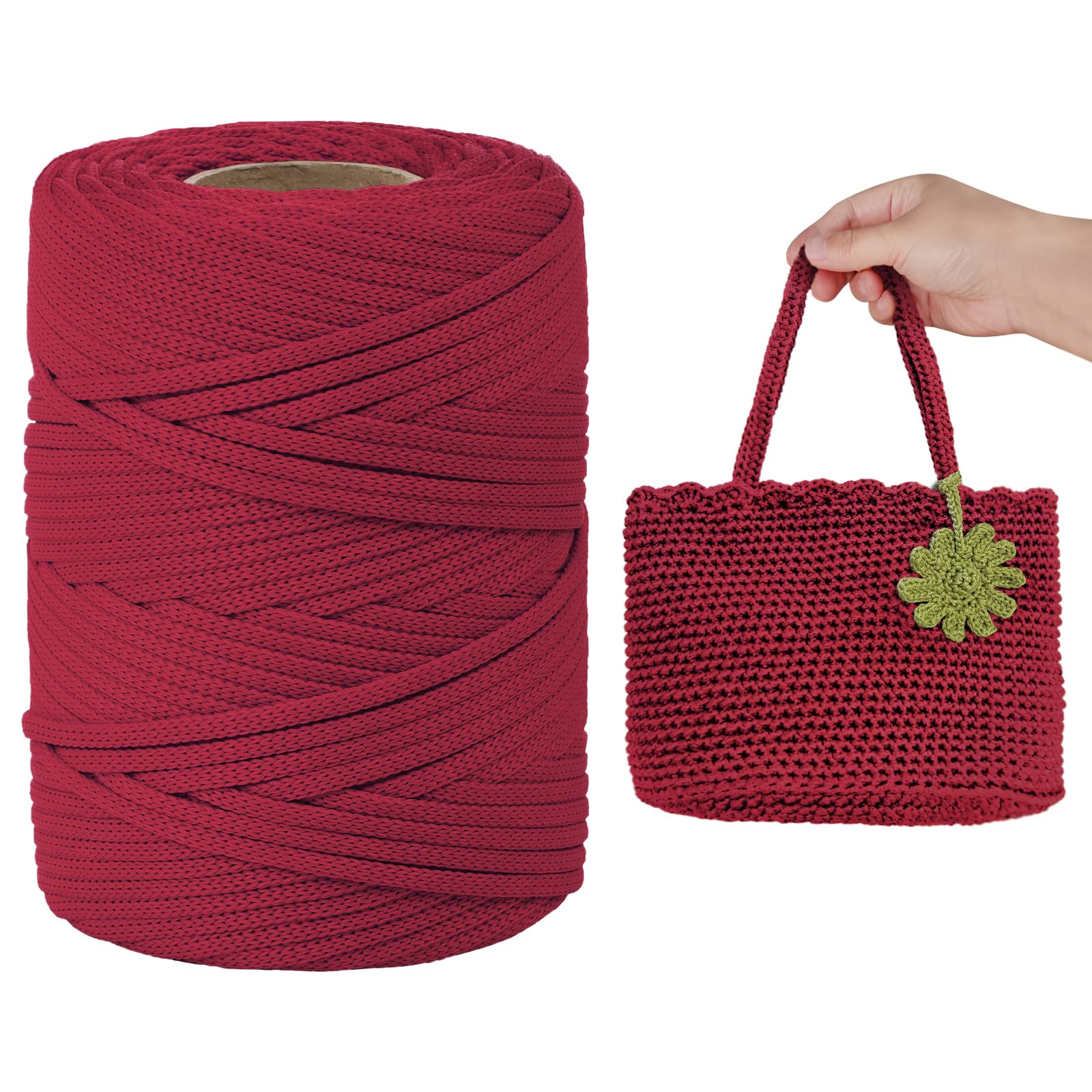 LEREATI Polyester Cord, Polyester Macrame Cord 3mm x 90m Flat Macrame Rope Crochet Polypropylene Cord Polyester Yarn for Crocheting, DIY Bags, Hats, Shoes (Wine Red) โ image 1