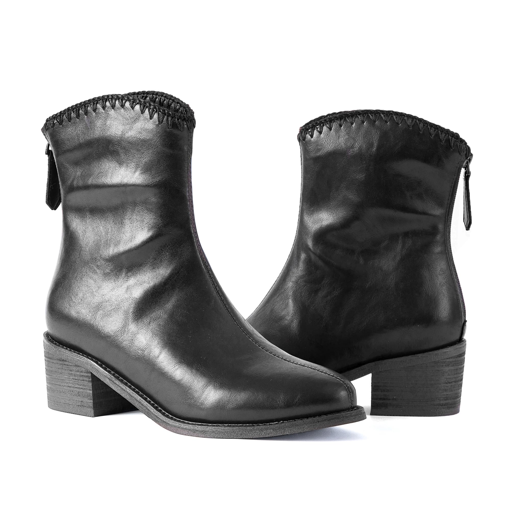 N N G Womens Mid-Calf Western Boots Brown Black PU Leather 2-Inch Block Heel with Whipstitch Collar Back
