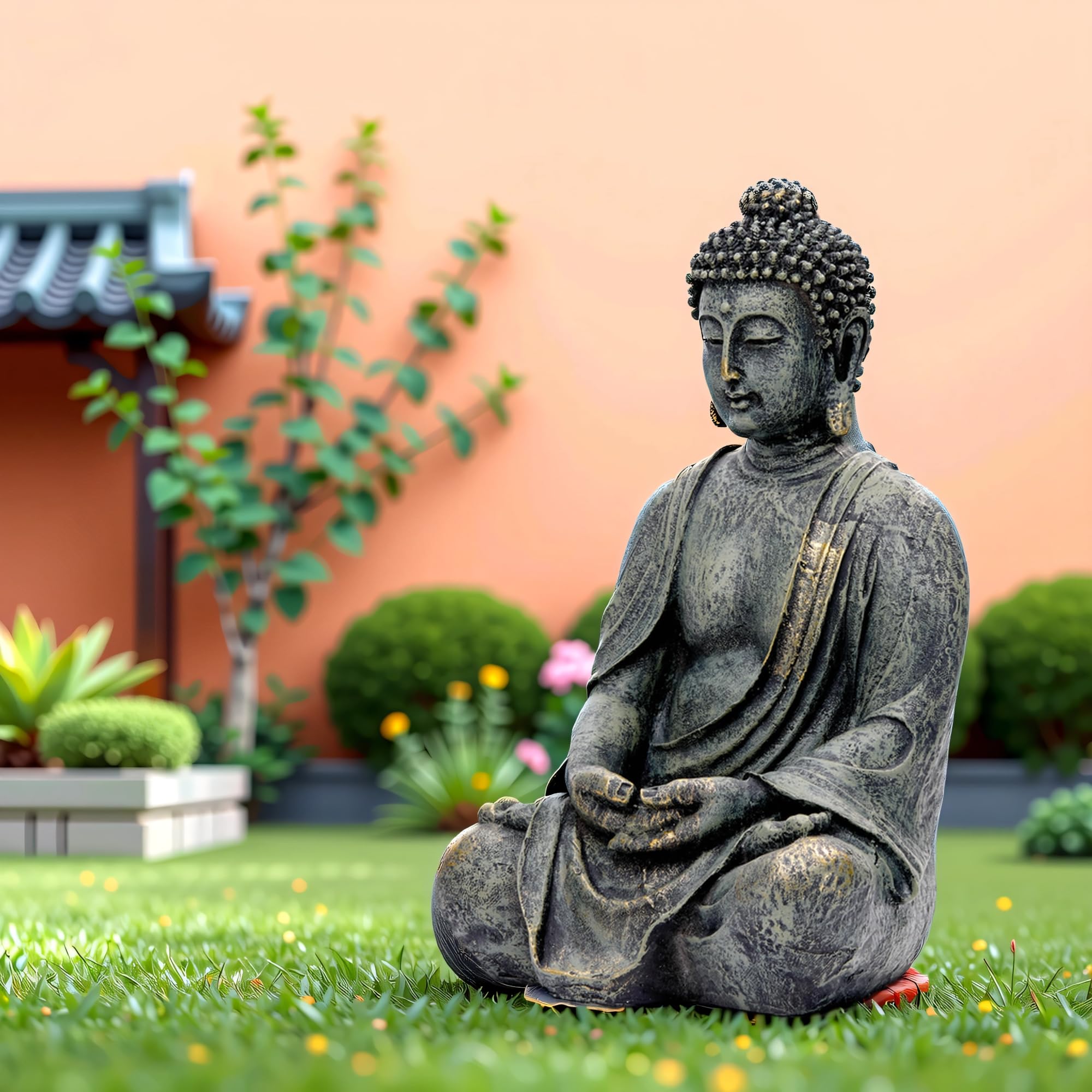 Statue Bouddha Jardin 38cm - Grande Figurine Bouddha Assis Meditation Resine Decoration Exterieur Interieur Resistant Gel & Intemperies - Sculpture Zen Feng Shui Terrasse Balcon