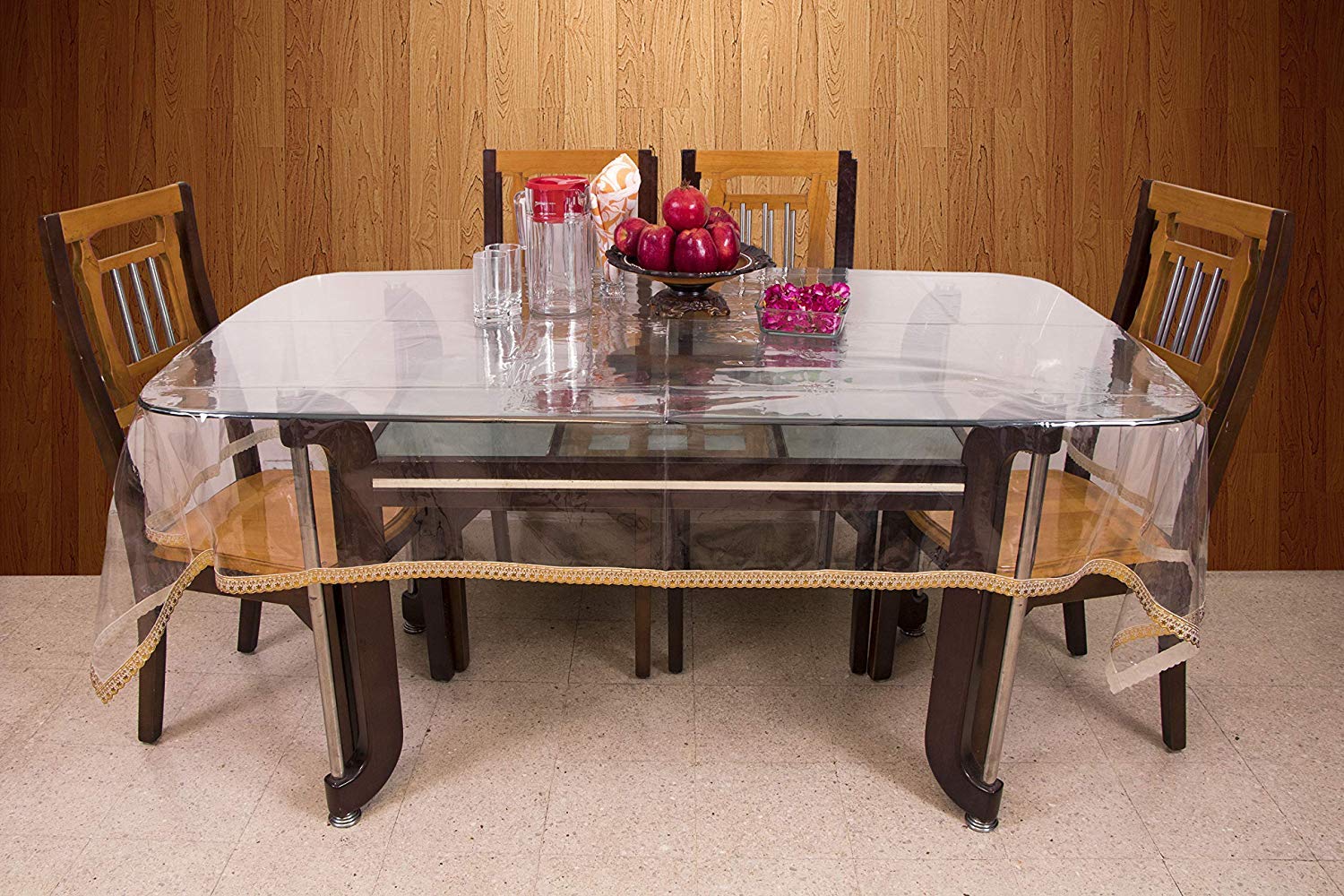 Clasiko8 Seater Transparent Dining Table Cover; Sweet Golden Lace; Size - 60x108 Inches; 30mm