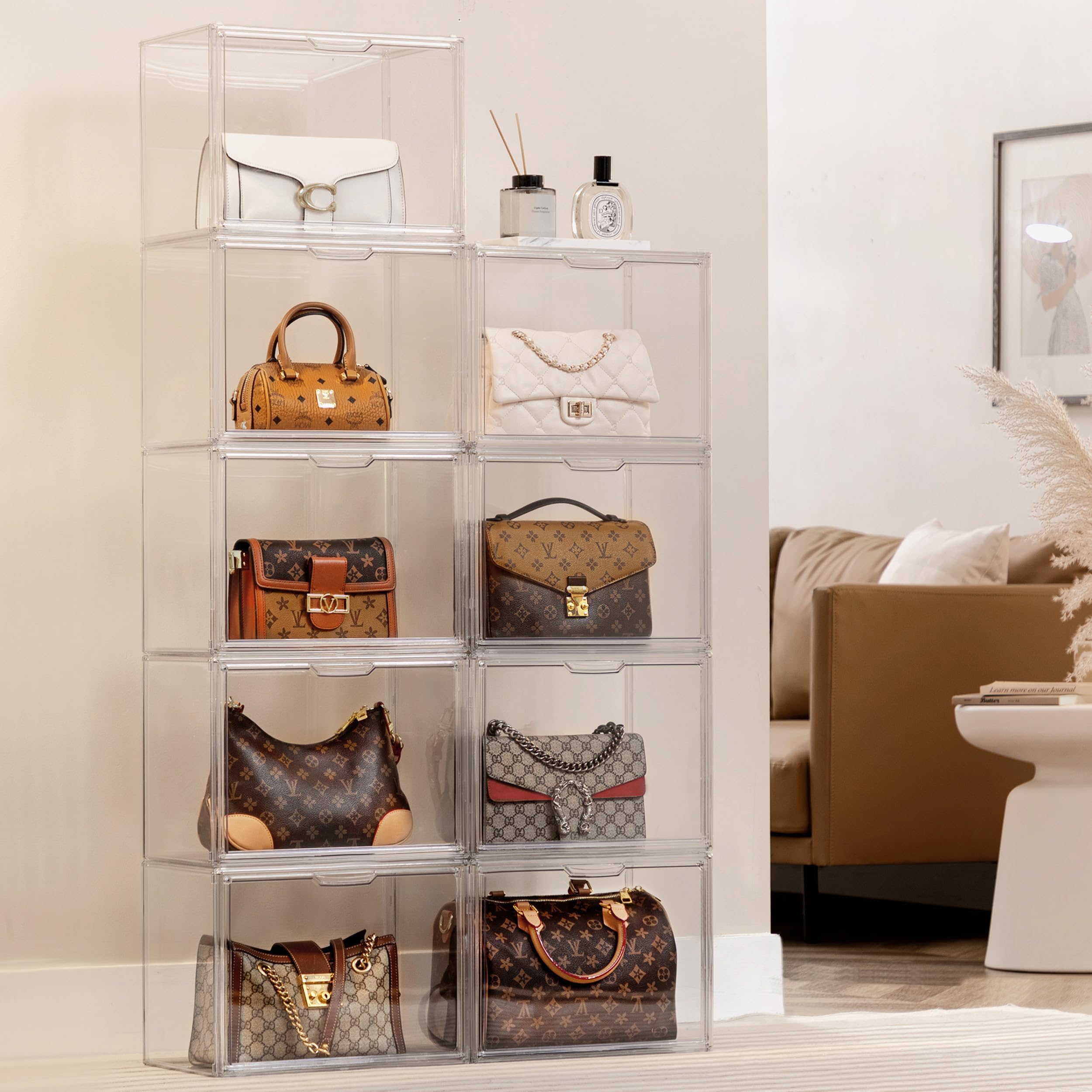 Paquete de 5 organizadores de almacenamiento de bolsos para armario, caja grande transparente apilable de bolsa con puerta magnética para coleccionables, cosméticos, tacones de mujer y juguetes 6