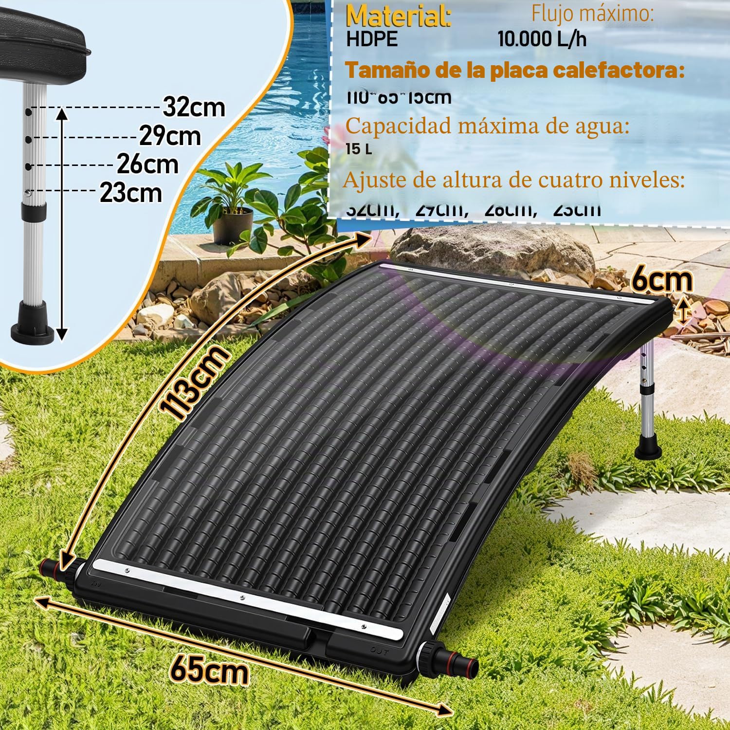 Calentador solar de piscina, colector solar 110 x 65 x 35 cm ajustable en altura, calentador solar de piscina 10000 L/H, conexión de 38 mm ampliable, para agua caliente de ducha de jardín