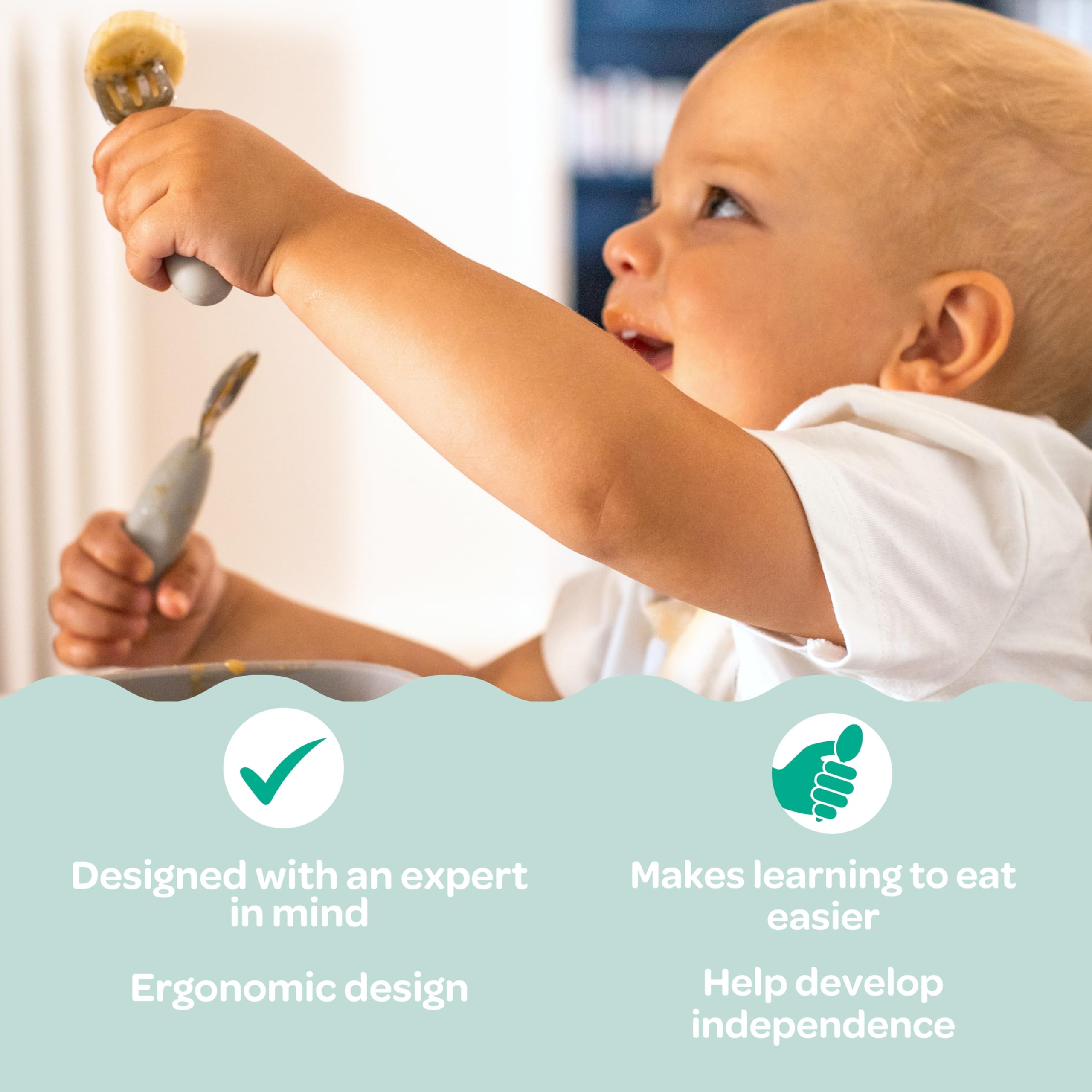 BEABA, zestaw 2 sztućców ze stali nierdzewnej i silikonu, sztućce dla niemowląt, sztućce dla dzieci, od 10 miesięcy, ergonomiczny kształt, ergonomiczny uchwyt, sztućce do nauki dla niemowląt,