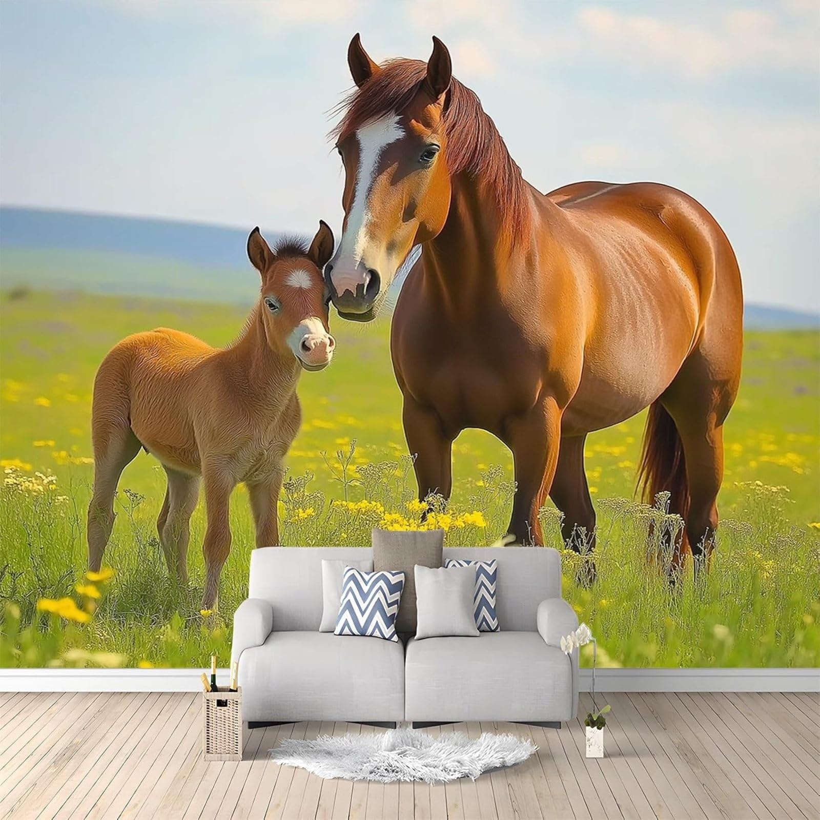 hgjdjhnf 3D Effect Photo Wallpaper - Animal - Horse - Meadow - for Living Room, Bedroom - Art Wallpaper - UV-Resistant Wall Decoration - 350cm x 256cm
