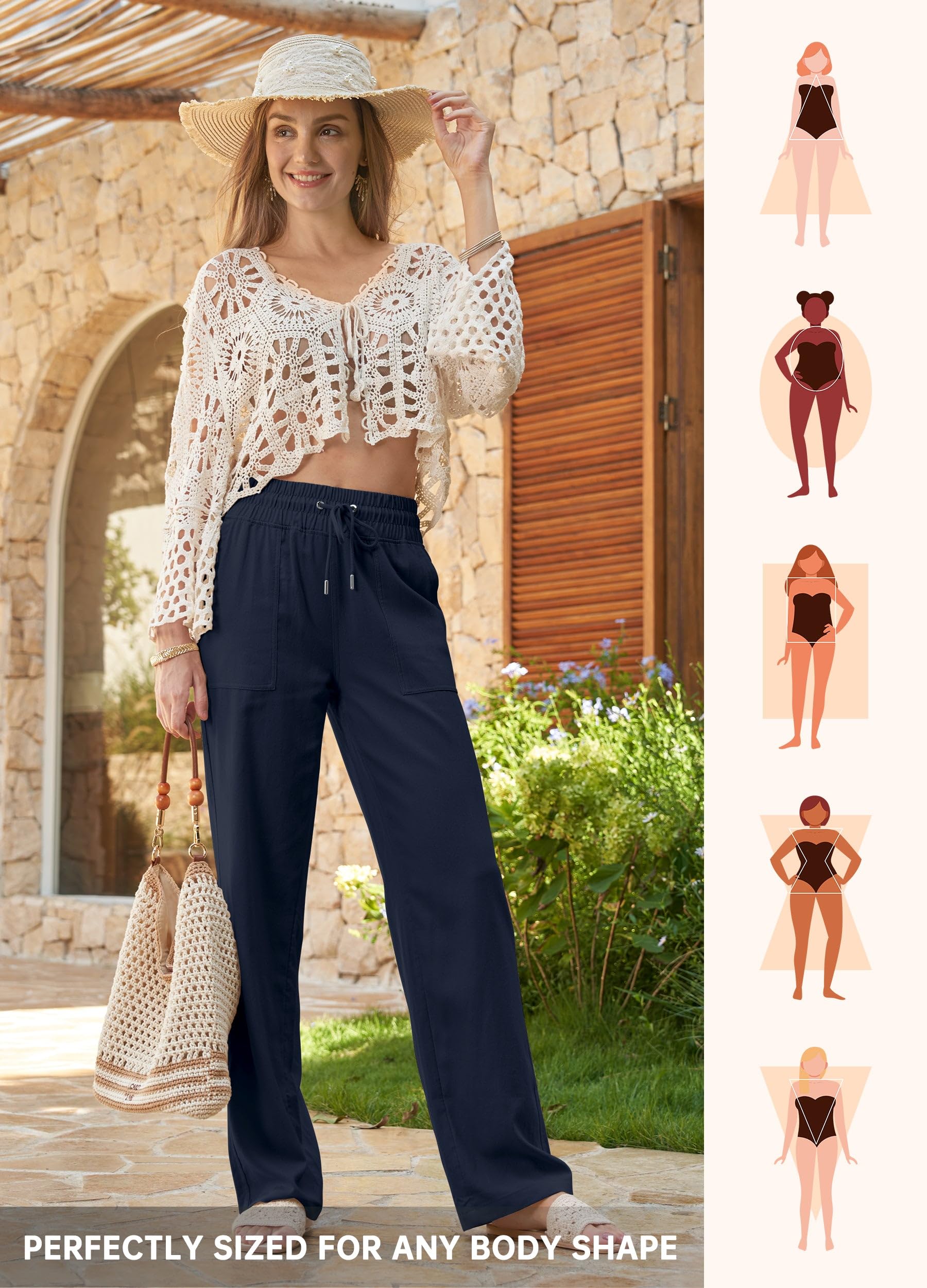 Willit Women Linen Pants Wide Leg Casual Palazzo Pants Cotton Linen Lounge Beach Summer Pants with Pockets 29"/31"/ 33"