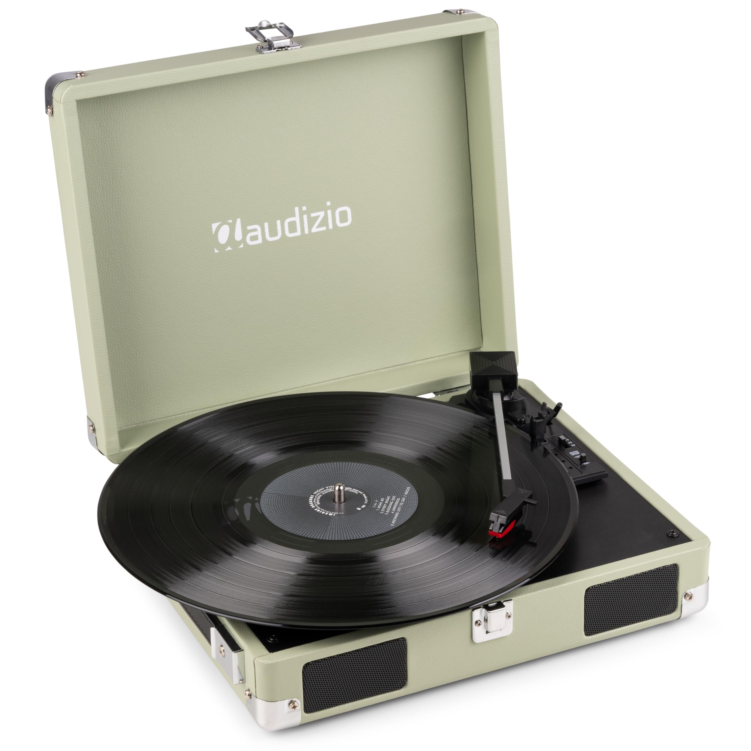 Audizio RP111W Platine Vinyle Valise Rétro Bois Vert avec Haut-Parleurs Intégrés, 3 Vitesses 33, 45, 78 Tours, Sortie RCA et Casque, Portable, Idéale pour Écouter Ses Vinyles Partout