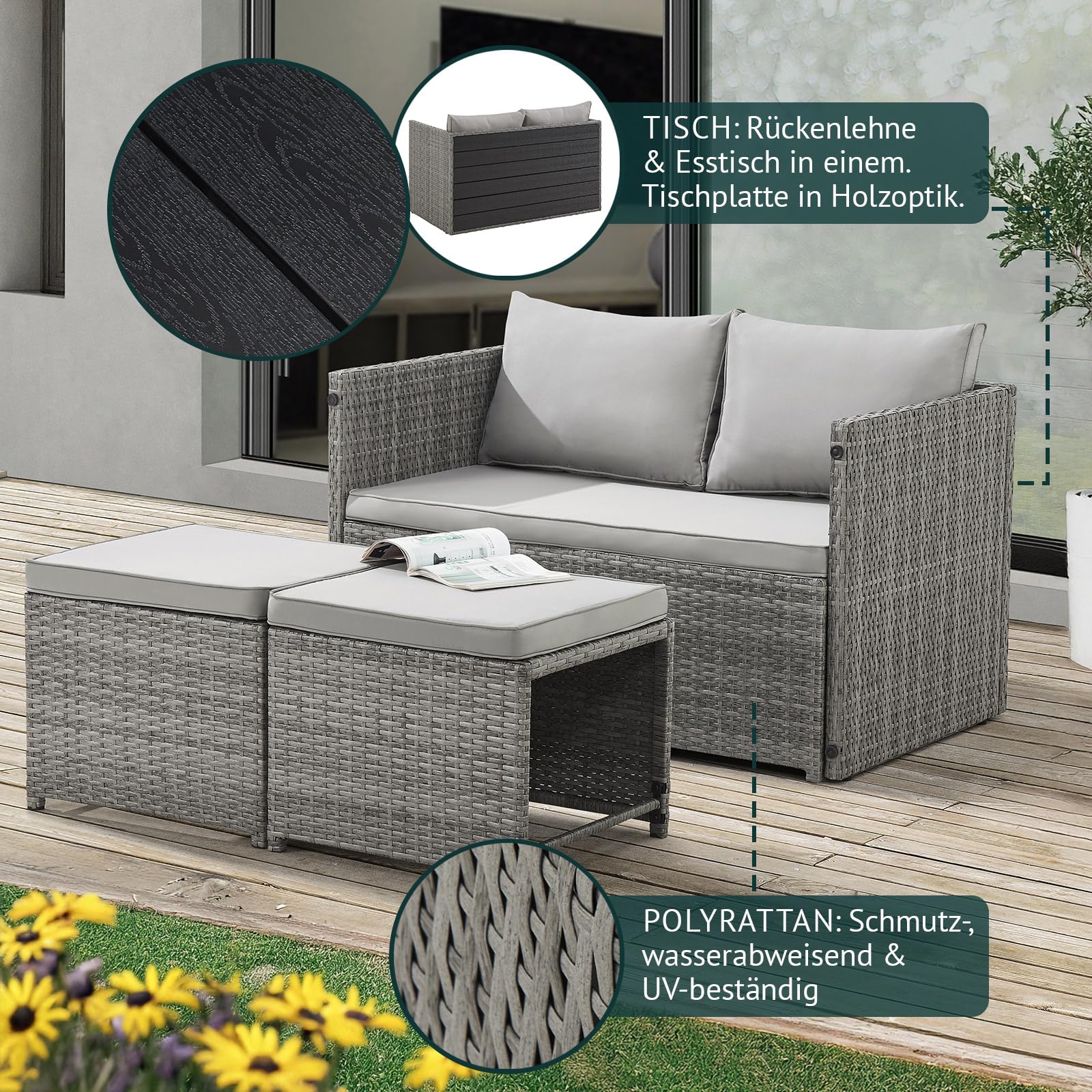 SVITA ATHINA 2in1 Sitzgruppe Outdoor Rattanlounge Balkon Essgruppe Gartenmöbel Set Gartenlounge klein Balkonmöbel Polyrattan Grau