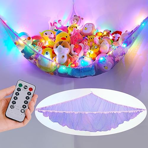 Unicorn Castle Hamaca de red para animales de peluche, almacenamiento de juguetes con luz LED, organizador de juguetes de felpa para colgar en la