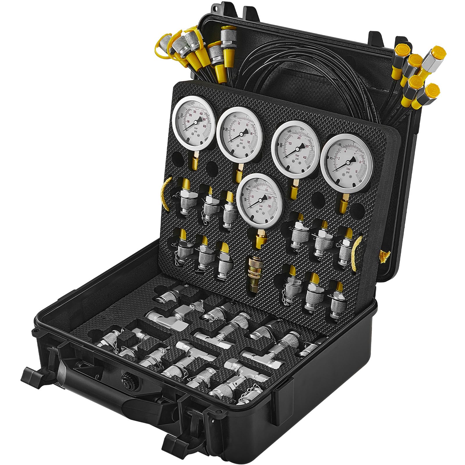 Happybuy Hydraulic Pressure Test Kit, 10/100/250/400/600bar, 5 Gauges, 13 Couplings, 14 Tee Connectors, 5 Test Hoses, Excavator Hydraulic Gauge Set with Carrying Case for Excavators, Tractors