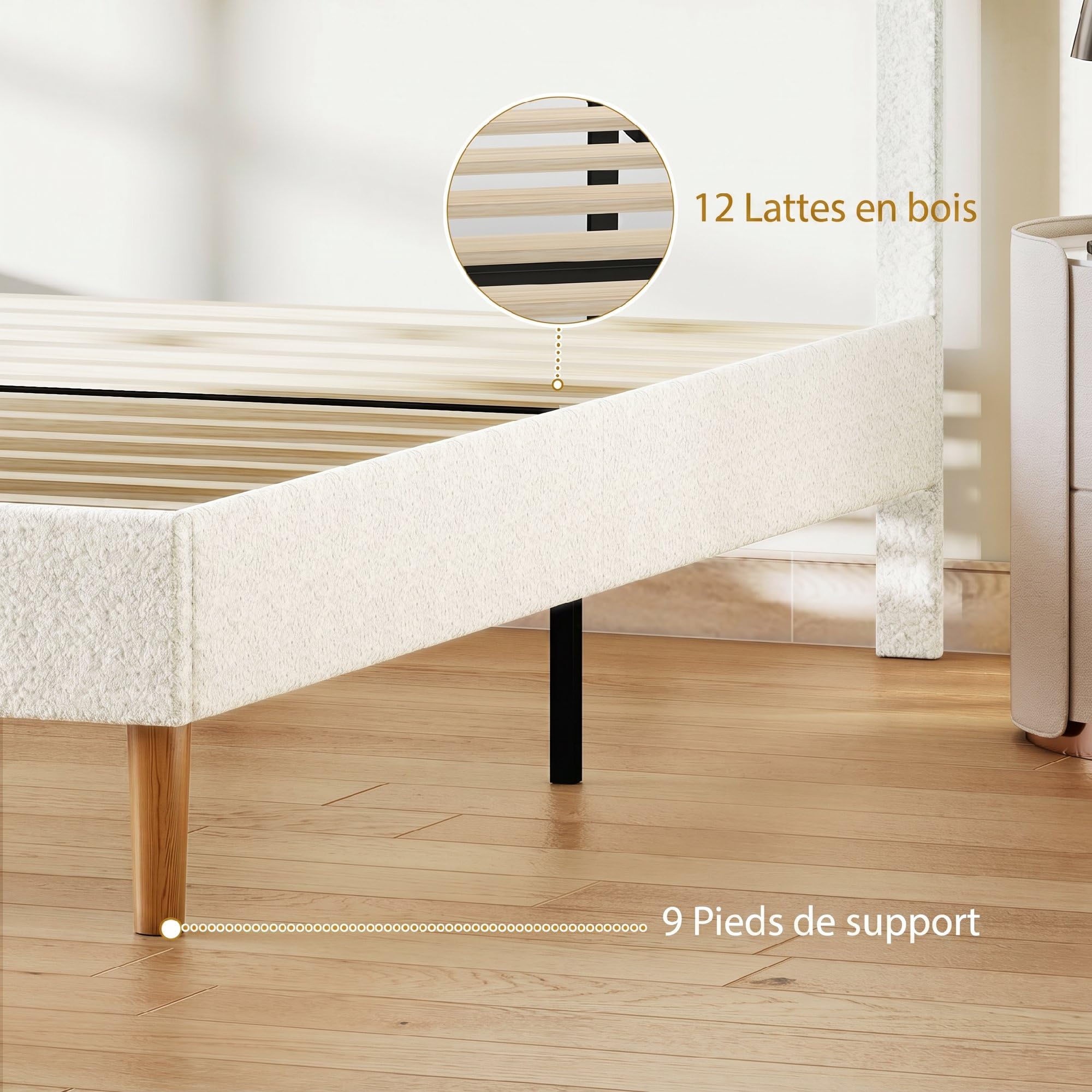 HOMCOM Cadre de lit 160 x 200 cm avec sommier, Tête Réglable, Blanc | Lit Double Rembourré Velours Boucle, Support à Lattes en Bois, Rangement au-dessous, Sans Bruit, Montage Facile