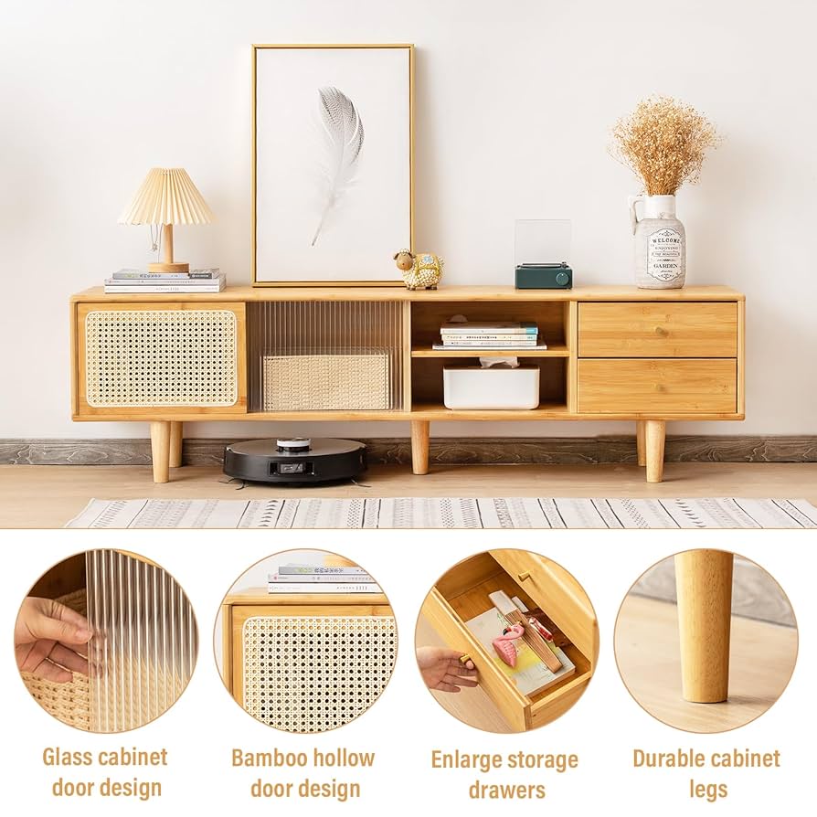 Amazon.com: Tiita Rattan TV Stand for 55 60 Inch TV, Bamboo
