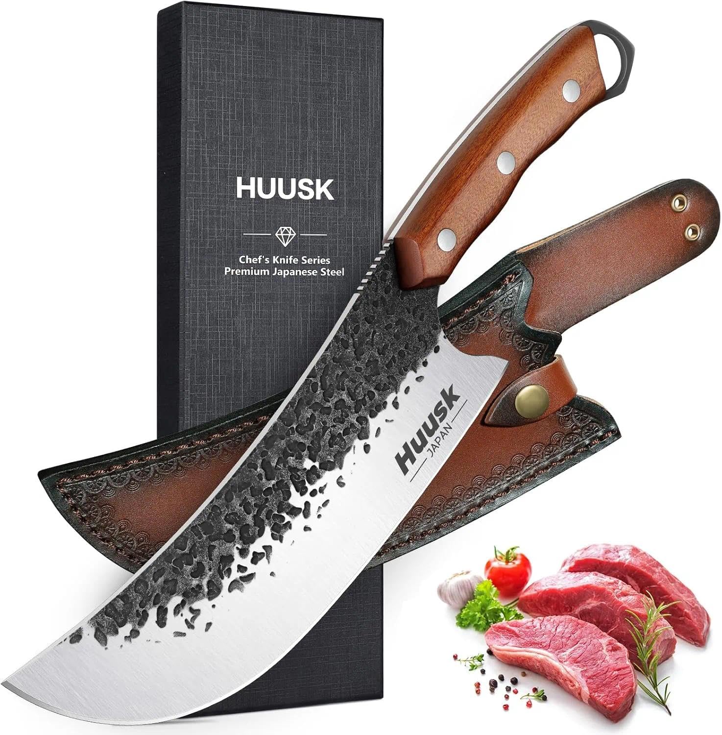 Huusk Butcher Knife for Meat Cutting, Meat Cleaver Heavy Duty with Sheath, Hand Forged Cooking Knives with Full Tang handle for Kitchen or BBQ, Christmas Gift for Men and Women