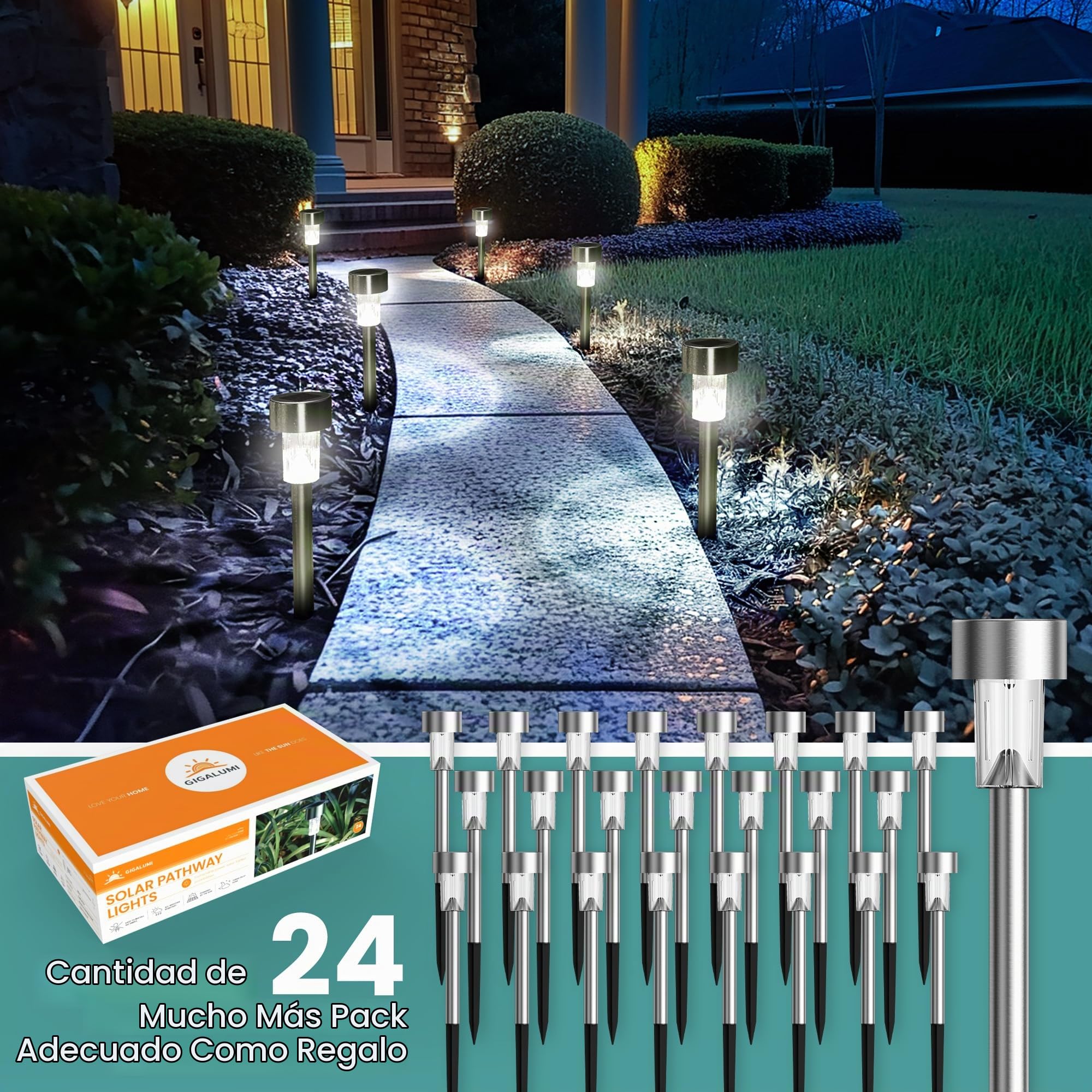 GIGALUMI 24 Pack Solar Path Lights Outdoor,Solar Lights Outdoor Waterproof,Stainless Steel LED Landscape Lighting,Solar Garden Lights for Driveway