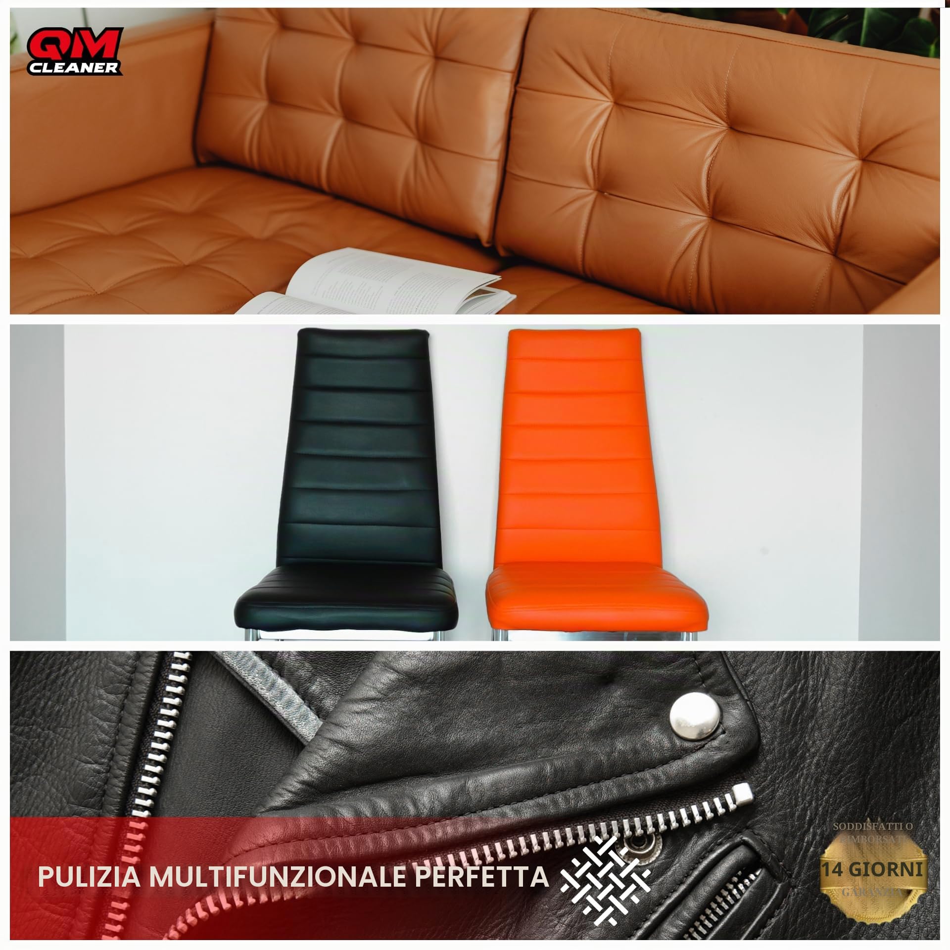 QM Cleaner Kit Pulizia e idratazione della Pelle | Cura e Pulizia Tappezzerie Auto, Poltrone Divani in Pelle. Pulisce e idrata (Kit Pelle)