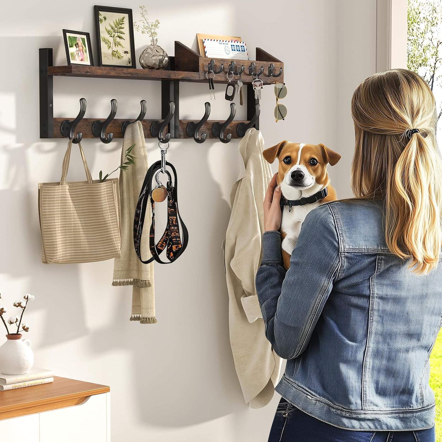 Evermagin 29" Coat Rack Wall Mount with Shelf, 4 in 1 Coat and Key Hanger with 11 Metal Hooks, Entryway Wall Mounted Shelf with Mail Holder for Living Room, Bedroom, Rustic Brown