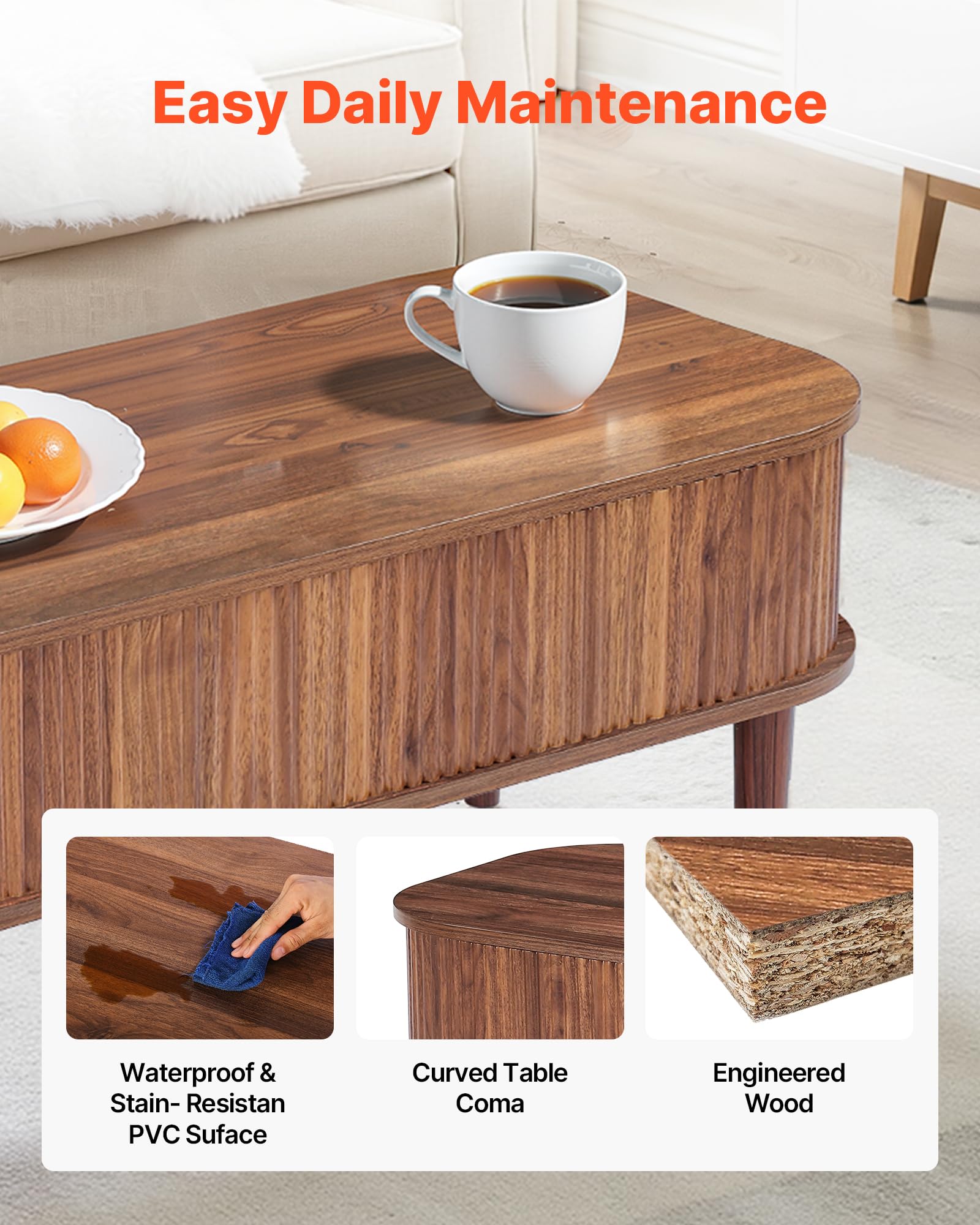 VEVOR Couchtisch Höhenverstellbar 1000x480x405-545 mm, Wohnzimmertisch mit Stauraum, Ausziehbarer Kaffeetisch im Mid-Century-Stil aus MDF, Hubtischplatte für Zuhause & Büro, Walnussfarbe