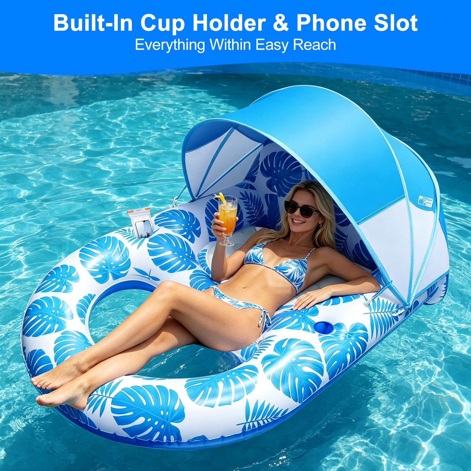 Flotador Tipo Tumbona con Toldo UPF50+, 140x110CM Extra Grande para Adultos, Resistente, Inflable con Posavasos y Soporte para Móvil, Respaldo y Reposapiés