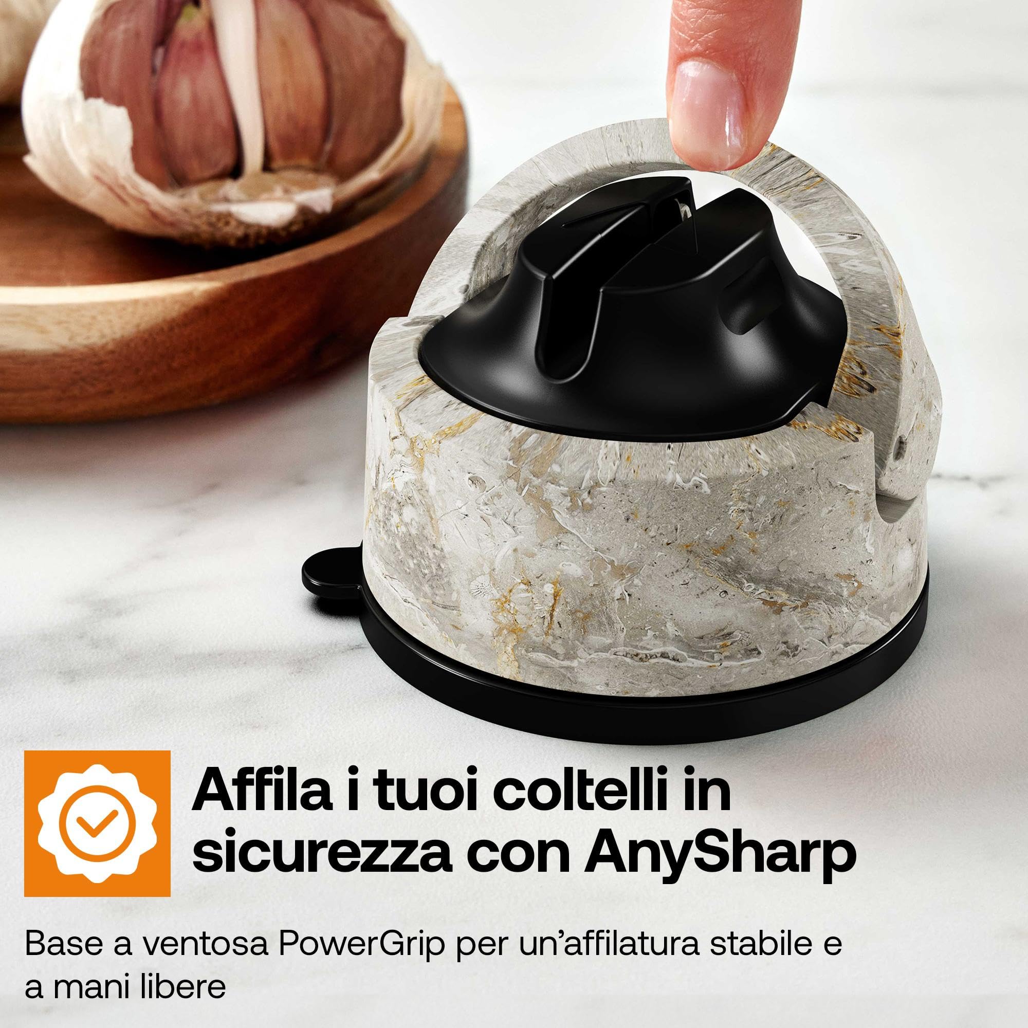 AnySharp Evo Affilacoltelli, Sicurezza Mani Libere, Potente Suzione PowerGrip, Affila Sicuramente Tutti i Coltelli da Cucina, Ideale per Acciaio Temperato e Dentati, Il Migliore del Mondo, Pietra
