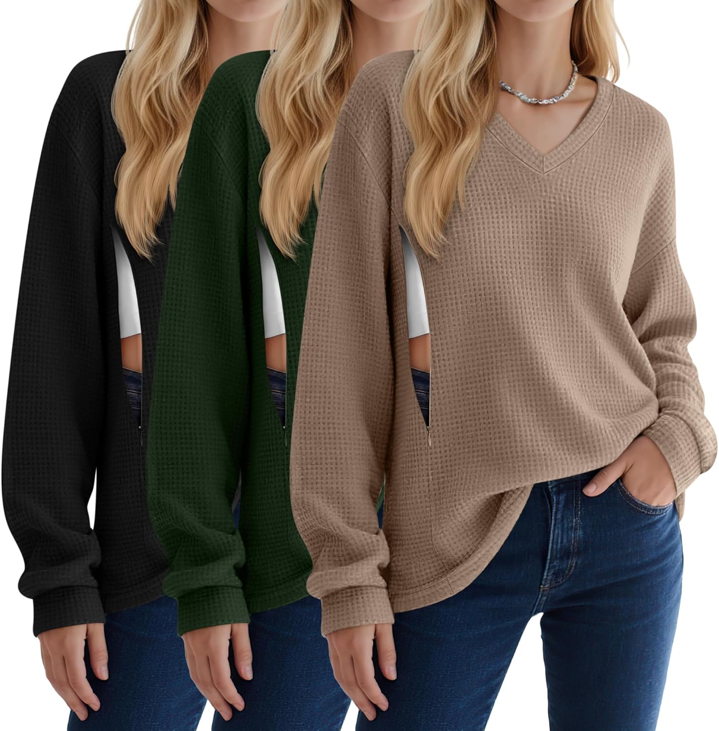 Sweetyweee 3 Pack Women's Oversized Nursing Tops Waffle Knit V Neck Breastfeeding Long Sleeve Shirts Hidden Zipper Sweatshirt