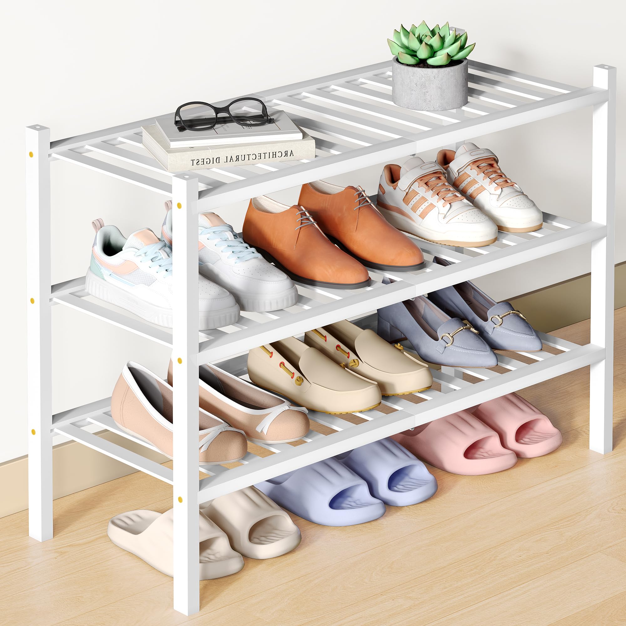 Smiry Bamboo Shoe Rack for Closet, 3 Tier Wooden Stackable Shoe Organizer, Free Standing Shoes Storage Shelf for Entryway, Front Door Entrance, White