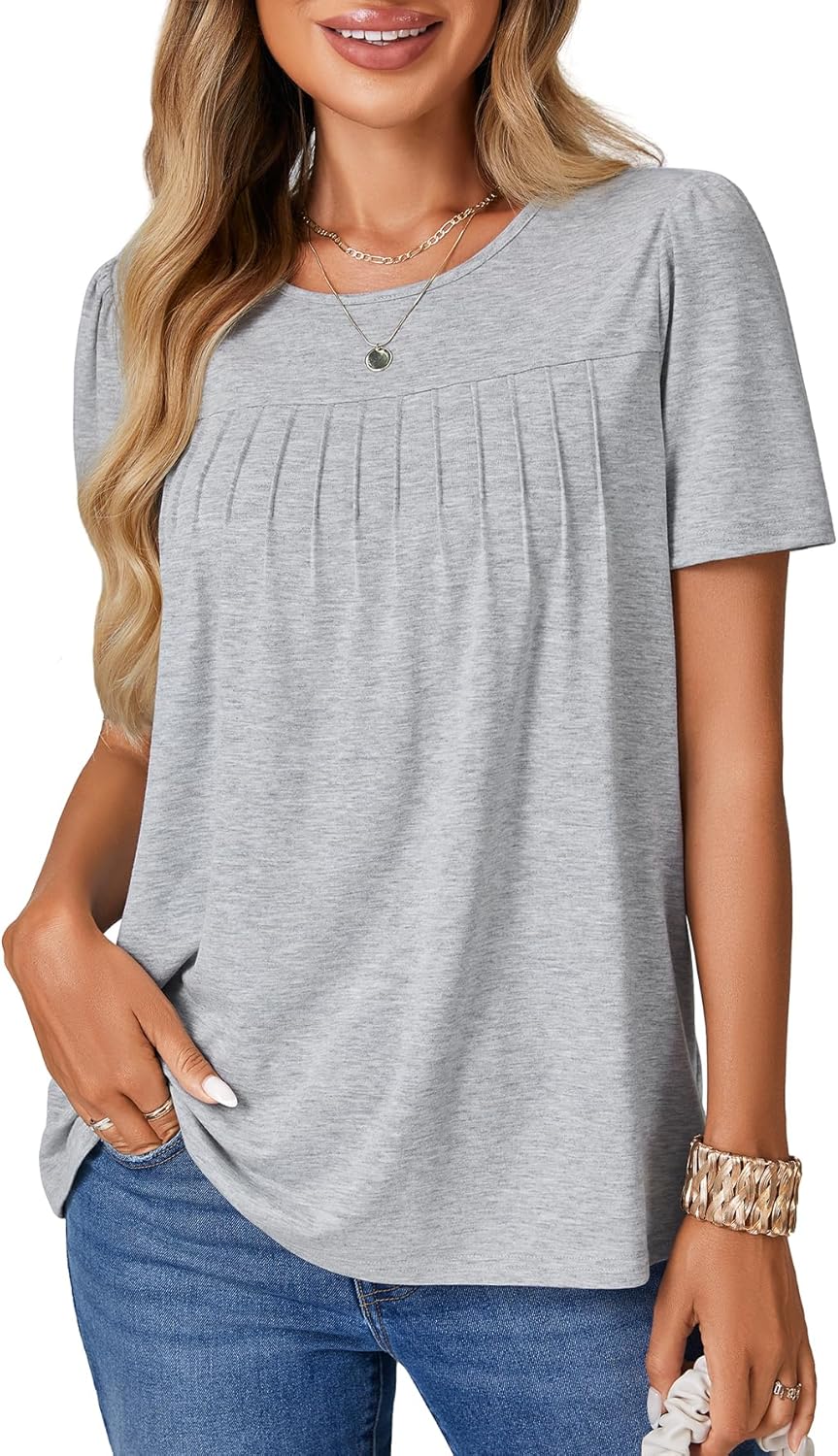 Rooscier レディース プリーツ ラウンドネック 半袖 ドレッシー カジュアル ブラウス トップ シャツ