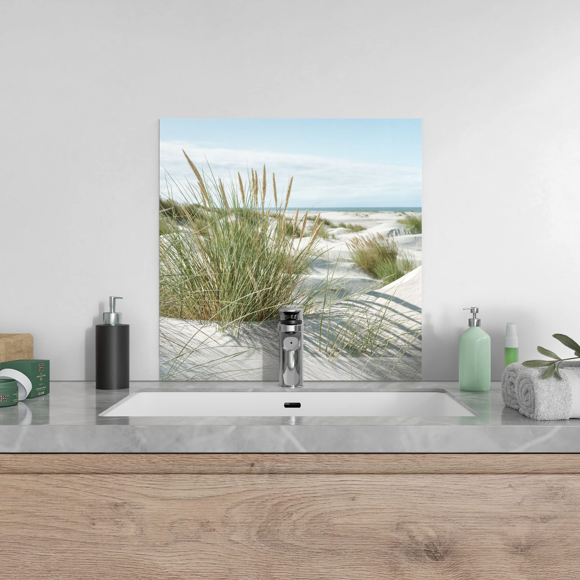 DEQORI Crédence de cuisine en verre - Motif dunes sur la côte de la mer du Nord - 60 x 60 cm - Paroi arrière de salle de bain ou de cuisinière - Protection anti-éclaboussures pour cuisine et salle de