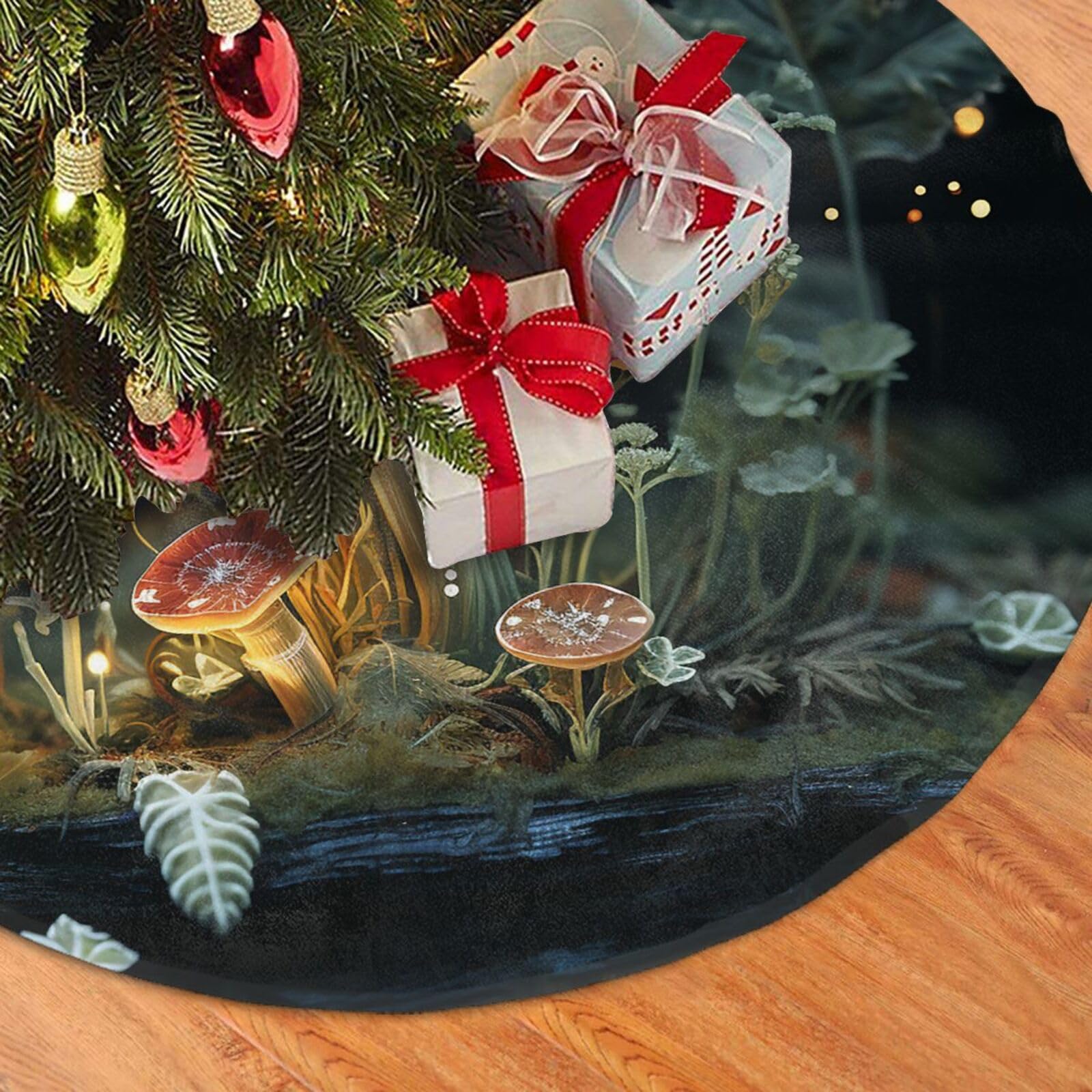 Fodpand Black Butterfly Mushroom Christmas Tree Skirt 48" Velvet Xmas Tree Skirt Mat Rustic Christmas Tree Mat Cover Winter Xmas Tree Collar For Indoor Outdoor Christmas Decorations