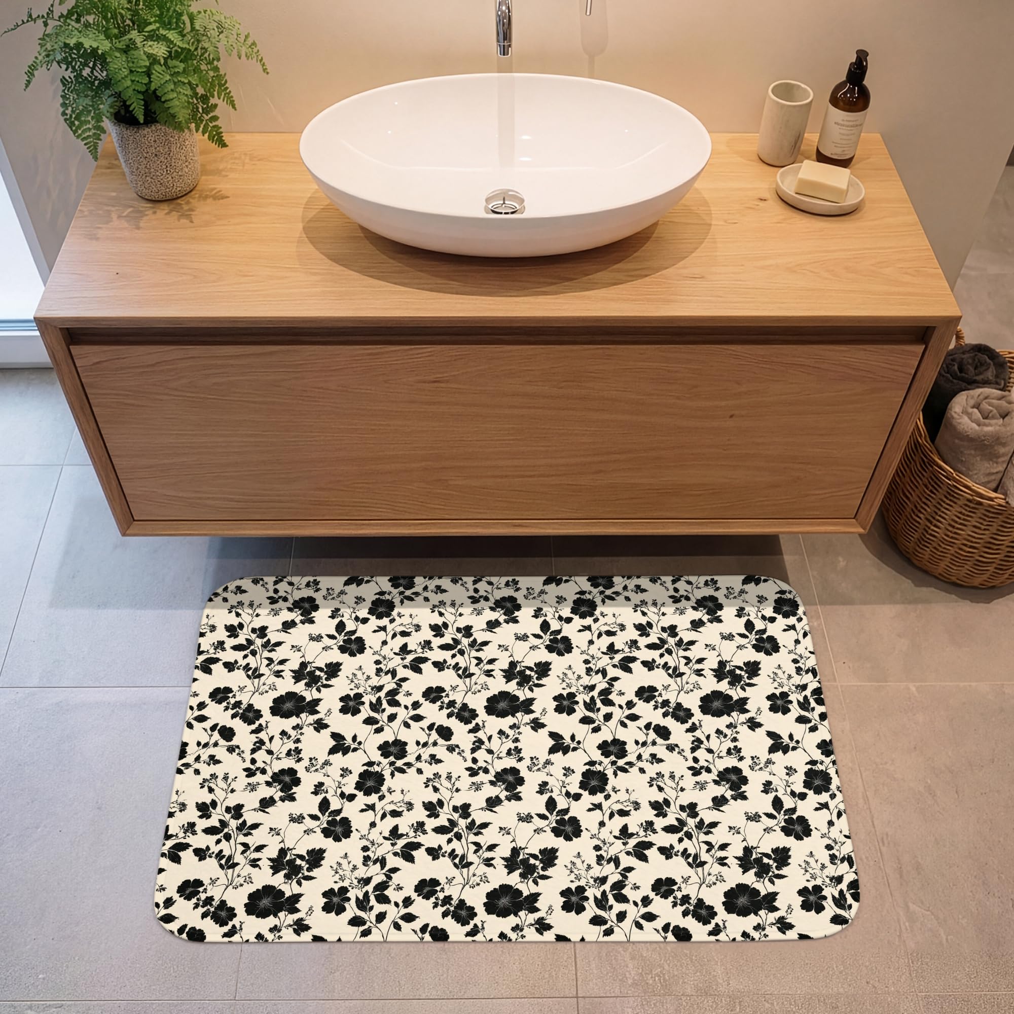 Alfombra De Baño Rectangular 90x60 cm Bathroom Bath Mat Lavable Tapete Antideslizante Alfombras Ducha Decoracion Alfombrilla Flores - Patrón - Negro