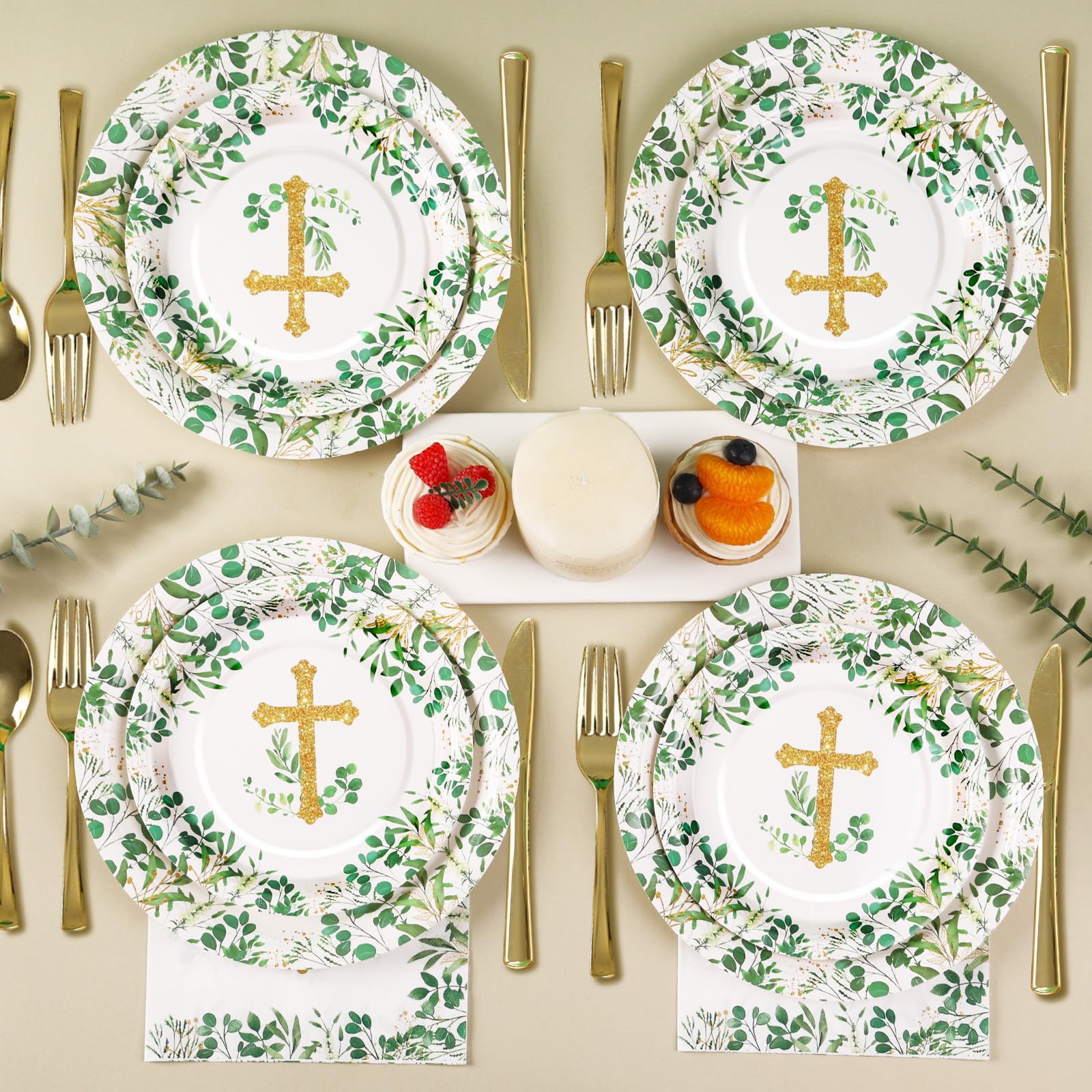 175 PCS Baptism Plates and Napkins Party Supplies - Baptism Decorations for Boys - God Bless Disposable Paper Plate First Communion Plates for Christening Baby Shower Party Decorations