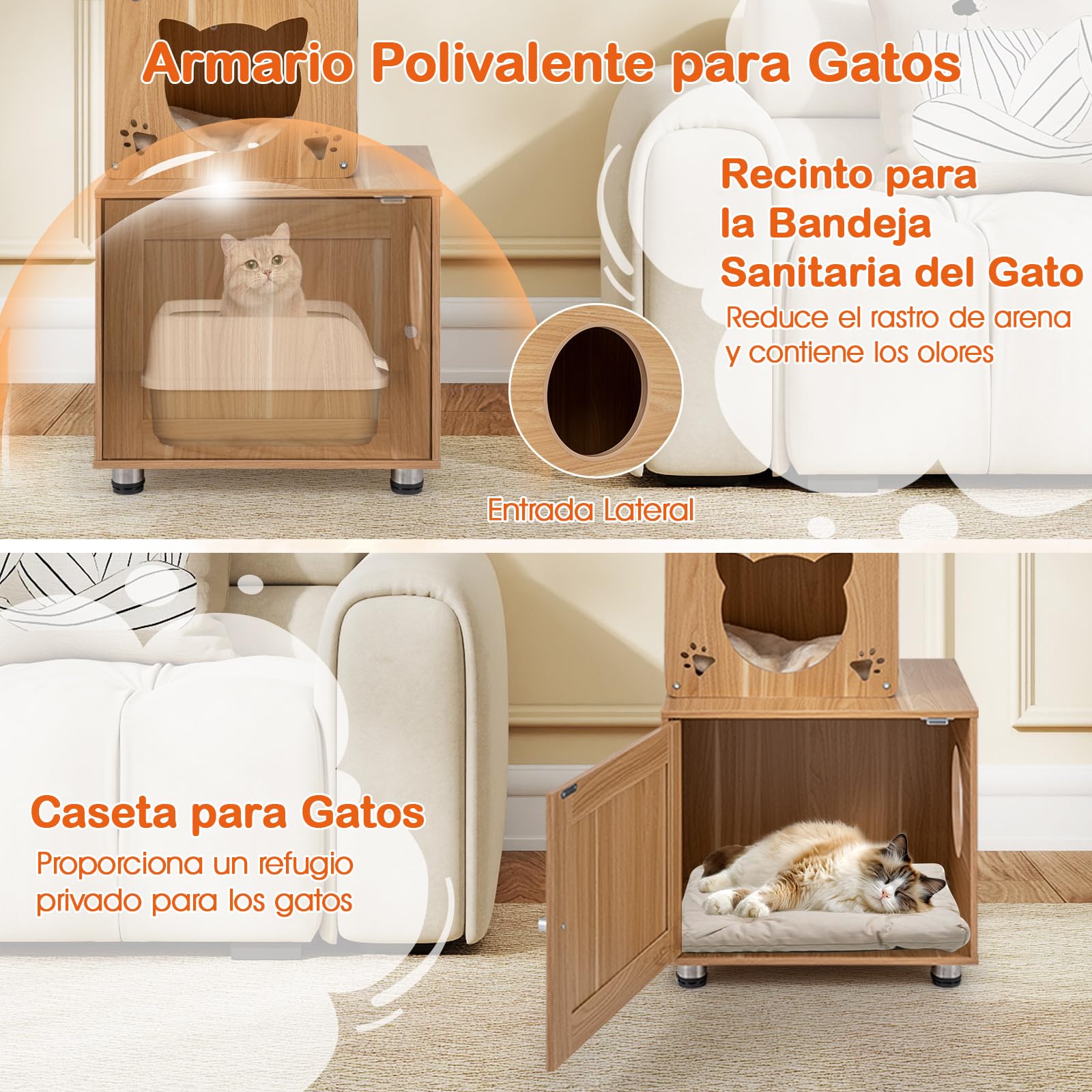 COSTWAY Árbol de Gato de Piso a Techo para Gatos de Interior, 256-275 cm Altura Ajustable, Torre Rascador Gato con Caja de Arena, Cápsula Espacial, Condominio, Postes de Sisal, Plataformas Multinivel