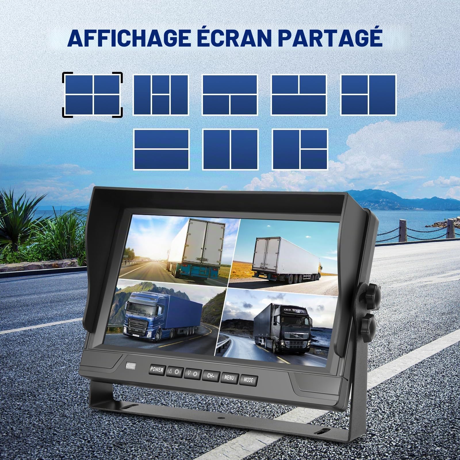 Caméra de Recul pour Voiture 1080P avec 4 Écrans Divisés Moniteur 9 Pouces, supportant 4 Caméras DVR/IP68/Vision Nocturne pour Camion, Camping-Car, Remorque, avec Câbles 2x10 M et 2x20 M