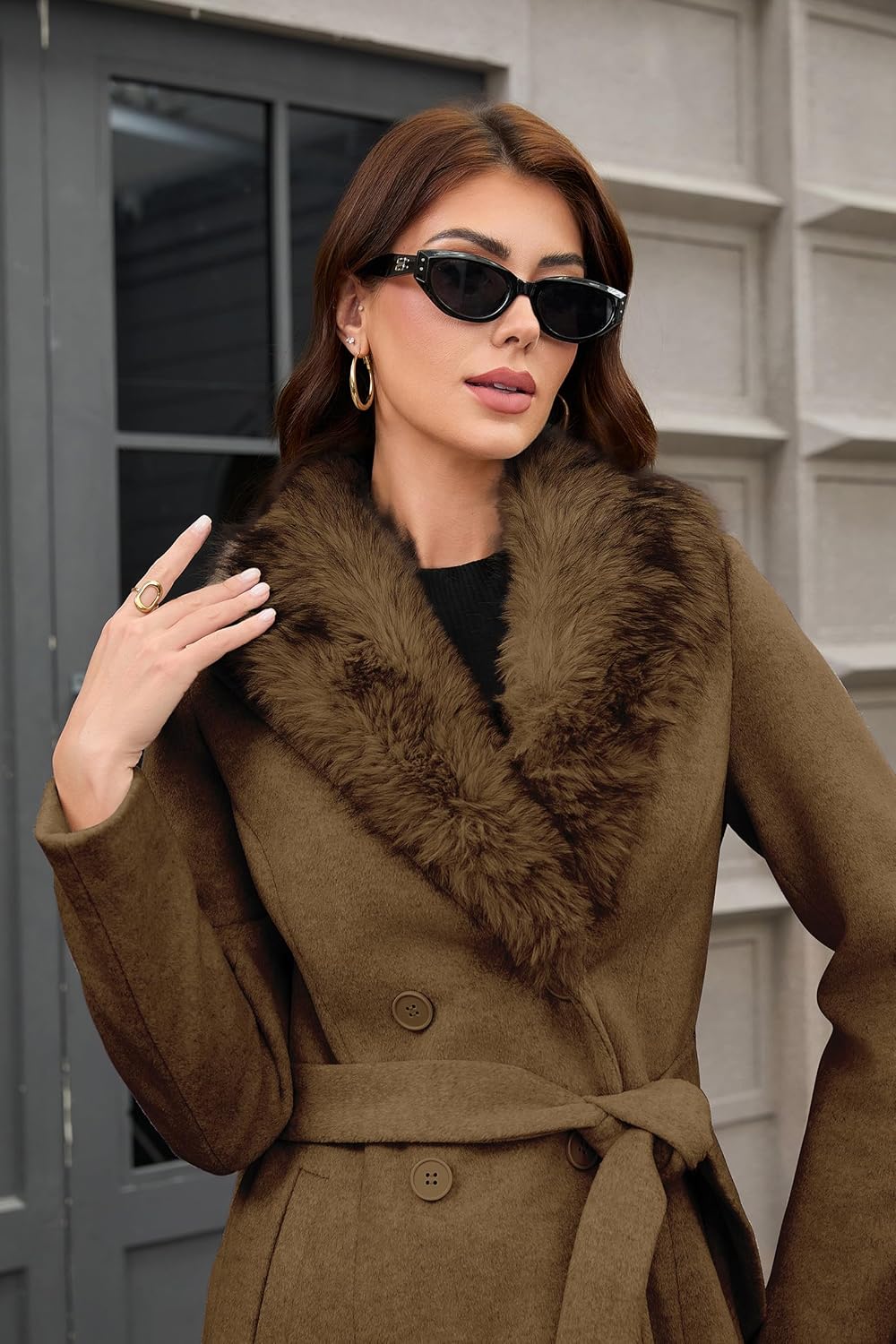 PAPILLON D'OR WEAR YOUR WINGS Women's Long Wool Coat - Double-Breasted Belted Trench with Detachable Faux Fur Collar - Image 5