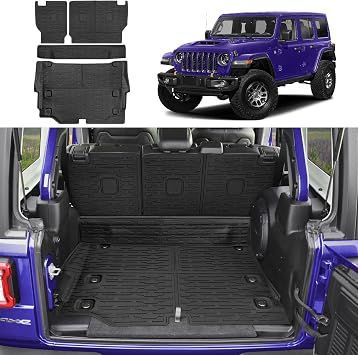 Cargo Mat with Seat Back Cover Fit for 2021-2025 Jeep Wrangler JL 4 Door Unlimited 4XE, Cargo Liner Durable TPE Trunk Mat for 2024 Jeep Wrangler JL/JLU AccessoriesCargo Mat+ Backrest Mats