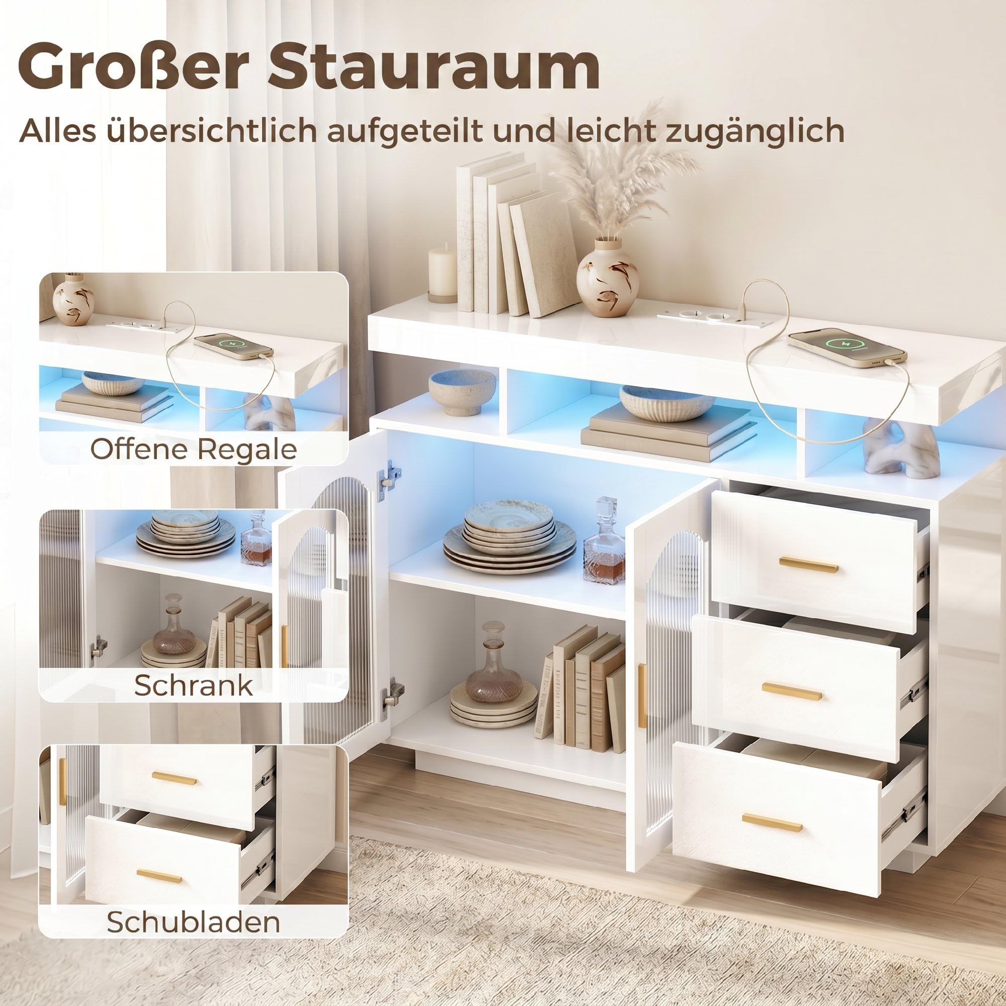HOMCOM Küchenschrank mit LED, Steckdosen 100x35x80 cm Hochglanz Weiß | Sideboard, 3 Schubladen, 2 Acryl-Türen, Buffetschrank, Soft-Close-Funktion, für Küche, Esszimmer