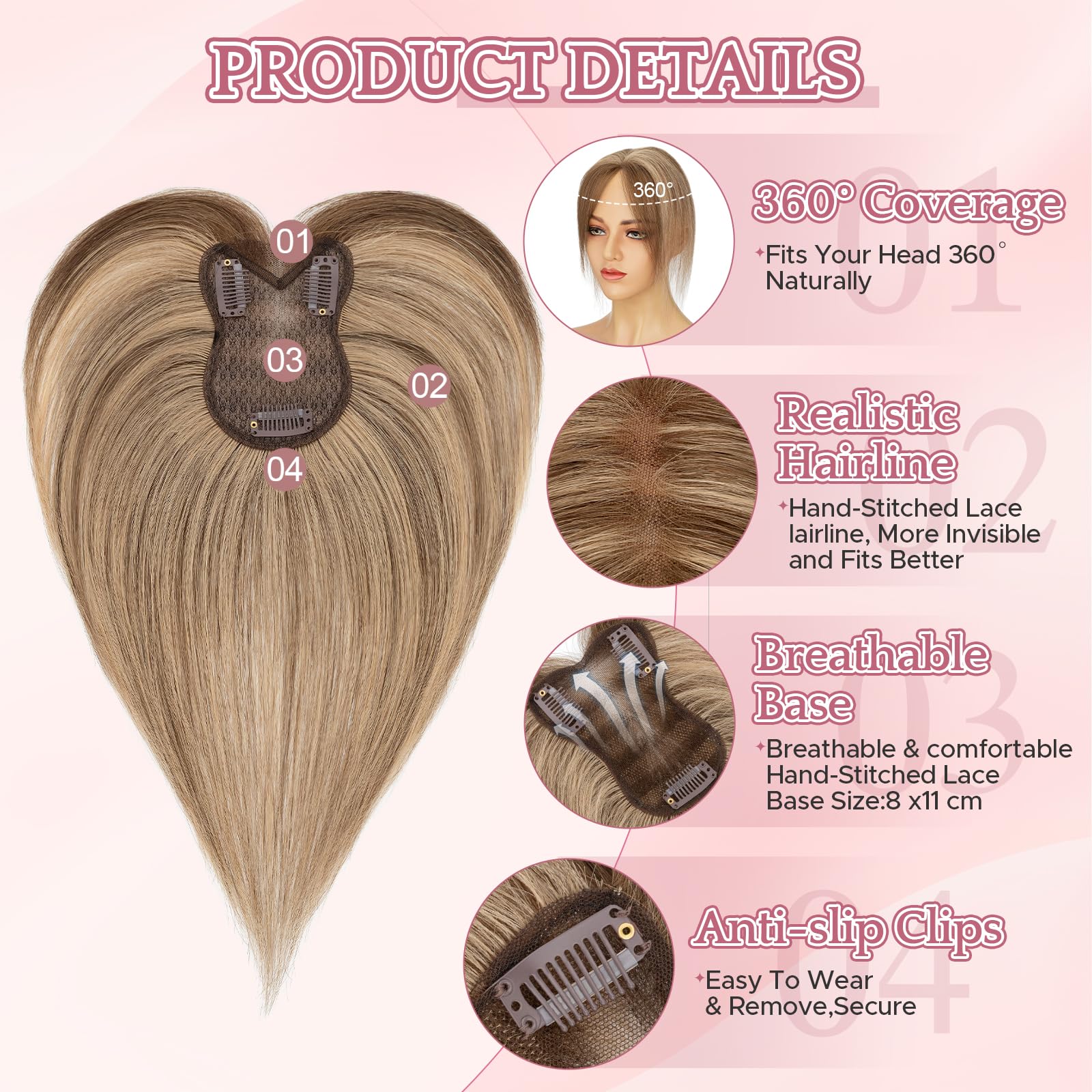 SEGOHAIR Hair Toppers for Women Human Hair 360°3D Coverage Lightweight - Image 2