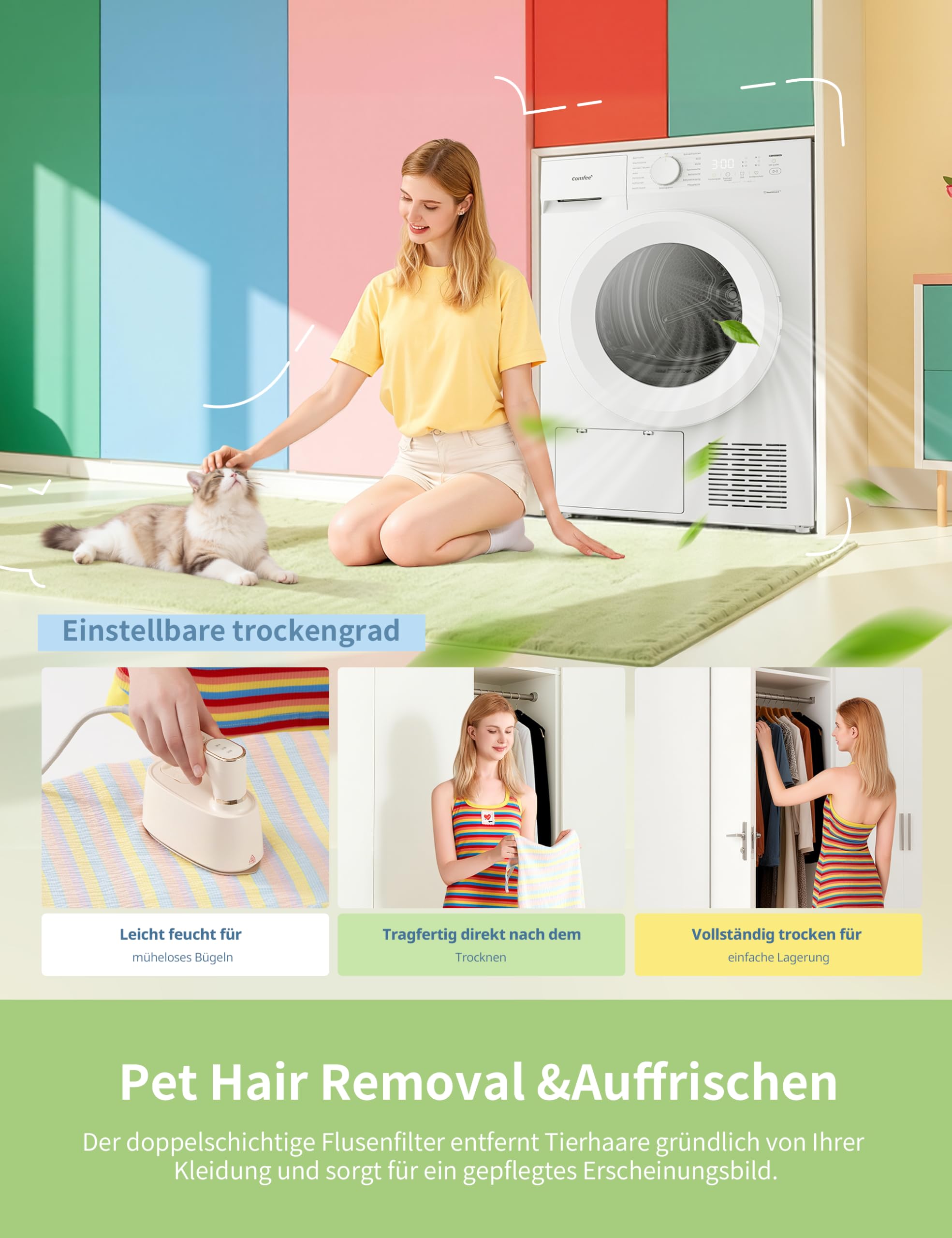 Comfee Wärmepumpentrockner 8kg Energieklasse D mit Wärmepumpentechnologie UV-Licht LED-Display Schnelltrocknen CD08EHP05W Weiß