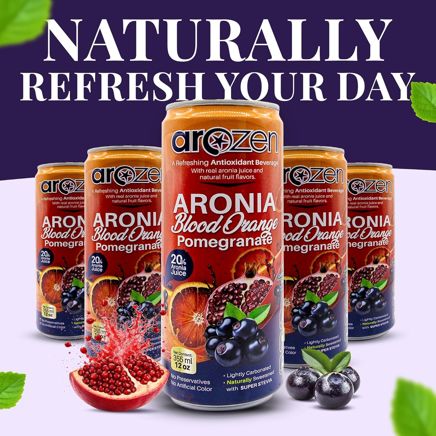 AROZEN Blood Orange Pomegranate Beverage, Antioxidant Energy Drink | Lightly Carbonated Citrus Wellness Drink with Green Tea Caffeine | Vegan Low Sugar 355 ml Can Pack