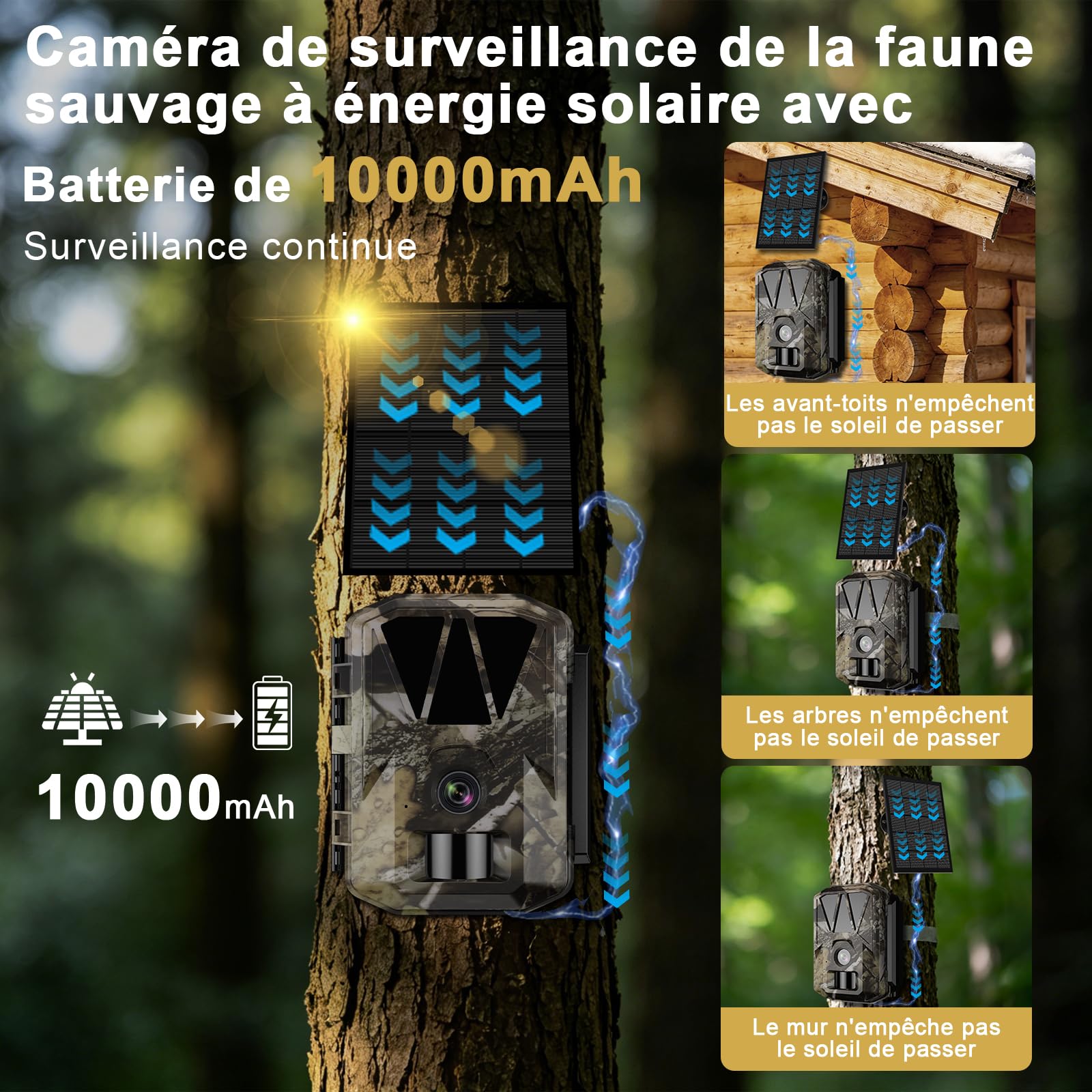 Caméra de Chasse Solaire 5K/64MP WiFi Rechargeable 10000mAh | Vision Nocturne Infrarouge, Grand Angle 120°, Étanche IP66, Carte 32GB Incluse Batterie Rechargeable