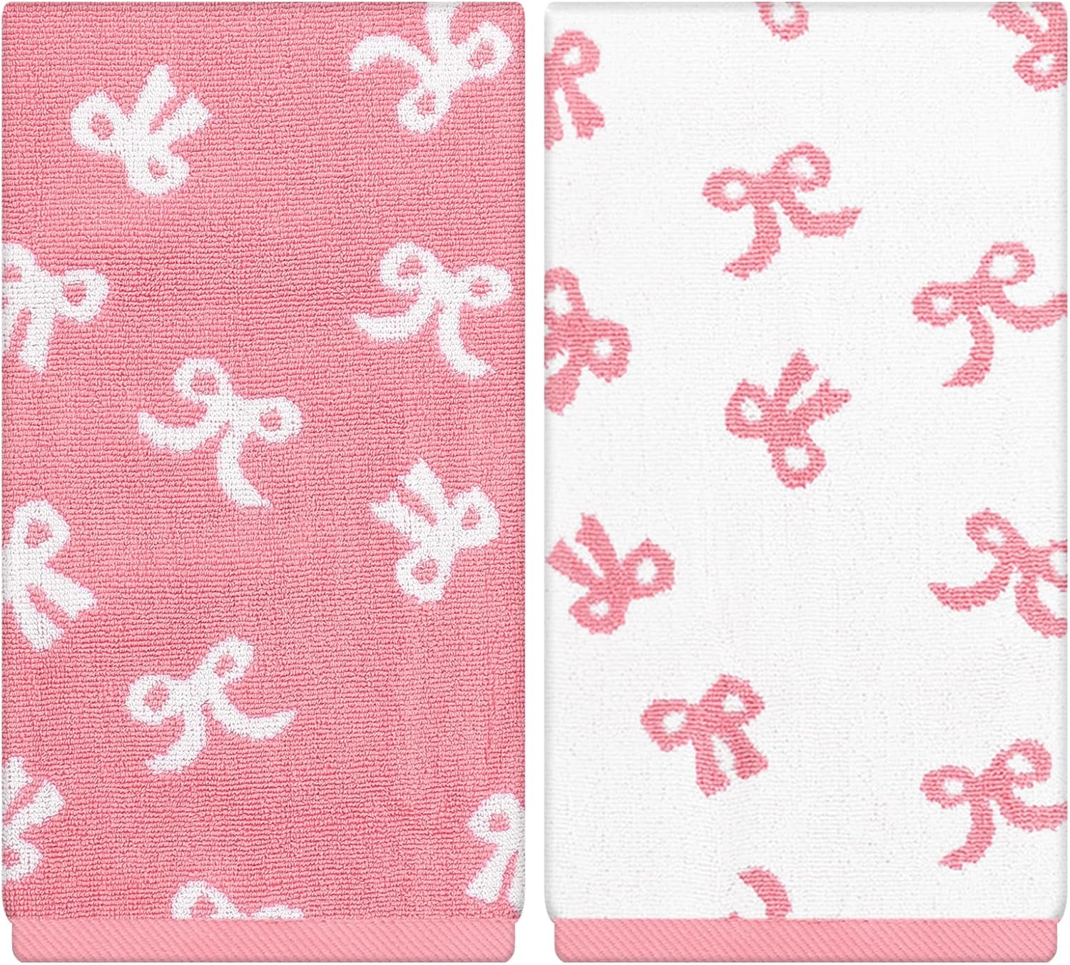 FYSUIMU 2Pcs Pink Bow Hand Towels for Bathroom Cute White Pink Bowknot Embroidered Cotton Soft Decorative Dish Towels for Drying Cooking Kitchen Cleaning Bridal Shower Wedding Gift Set, 29.5 x 13.7 In