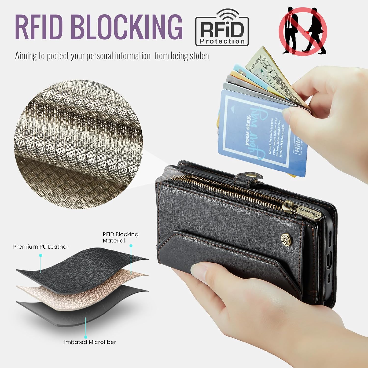 for iPhone 17 Case, Women Men Multi-Function Wallet Case with Stand RFID Blocking Featuring Magnetic Closure Zipper Includes Shoulder Strap Wrist Strap (Black)