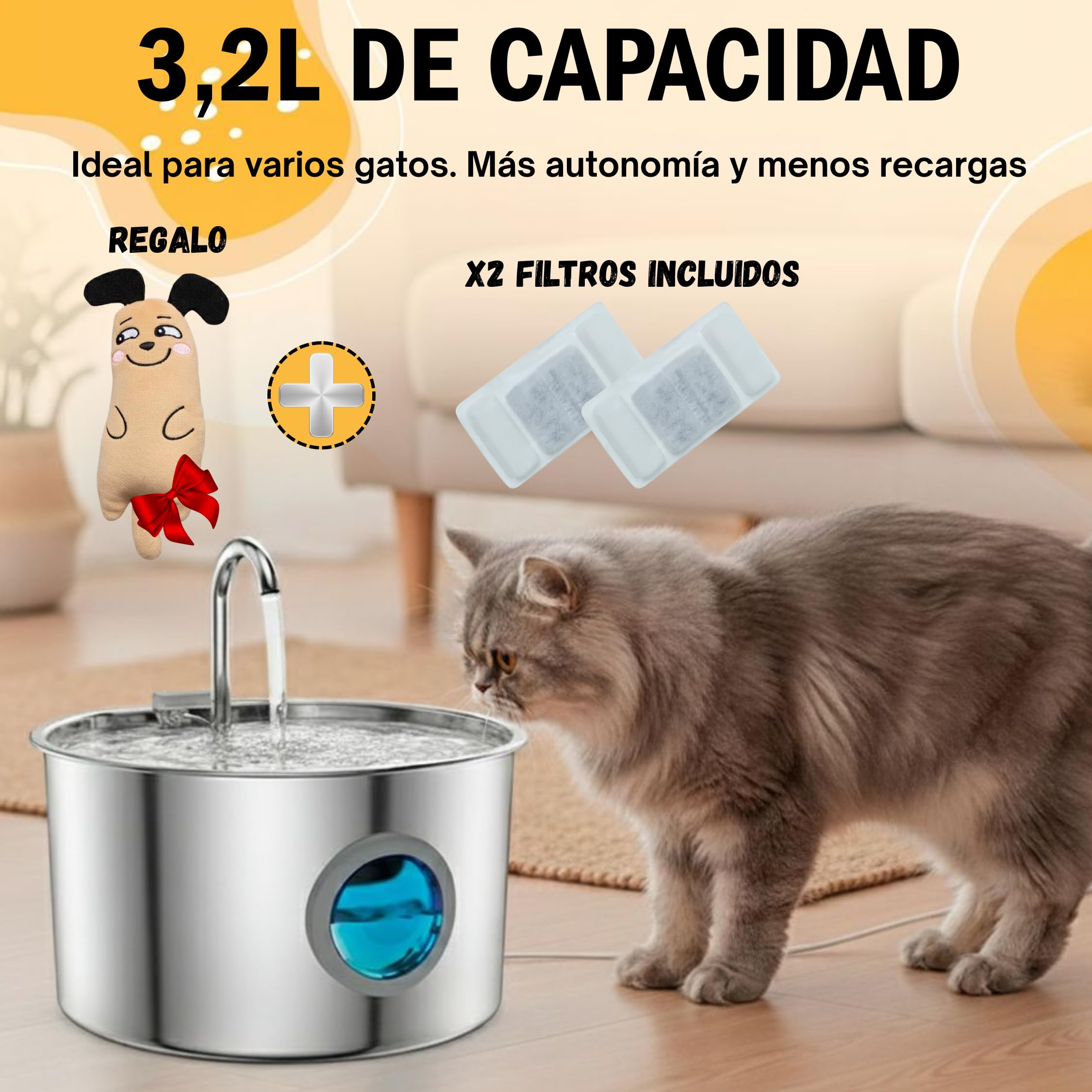 Fuente para Gatos de Acero Inoxidable 3,2L Automático – Bebedero Silencioso de Bajo Consumo con 2 Filtros y 3 Esponjas | Dispensador para Mascotas | Fuente de Agua para Gatos Premium
