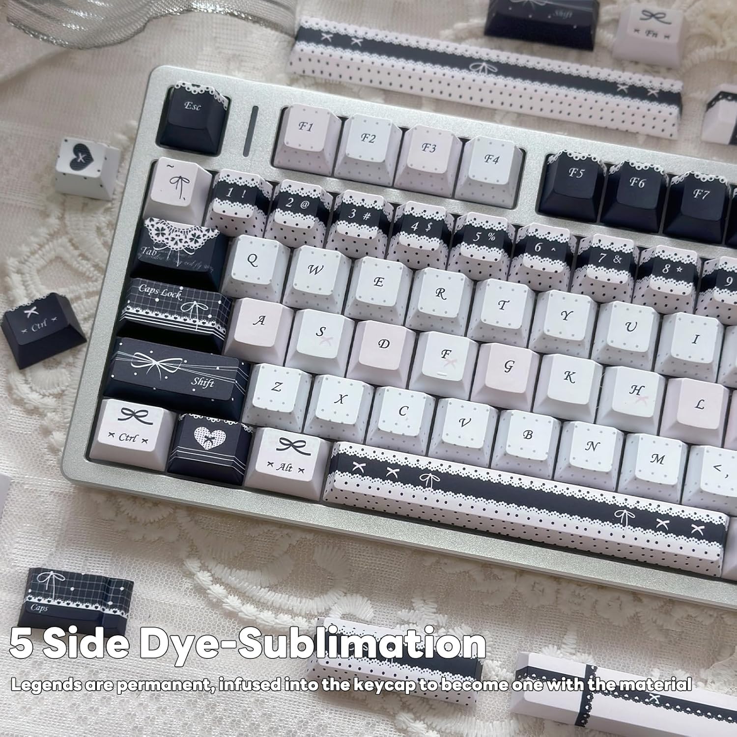Black and Pink PBT Keycaps Set - Cherry Profile, 5 Side Dye Sublimation with Lace & Bow Patterns, Kawaii Key Caps for Mechanical Gaming Keyboard, 145 Keys