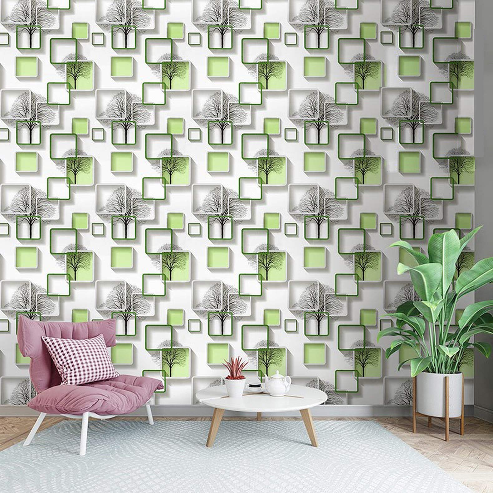 wolpin 3D Frames & Trees Self Adhesive Wallpaper (45 x 1000 CM, Dragon Green) | DIY Wall Stickers for Living Room Bedroom Home Interior Decor | Peel & Stick PVC Decorative Wallpaper