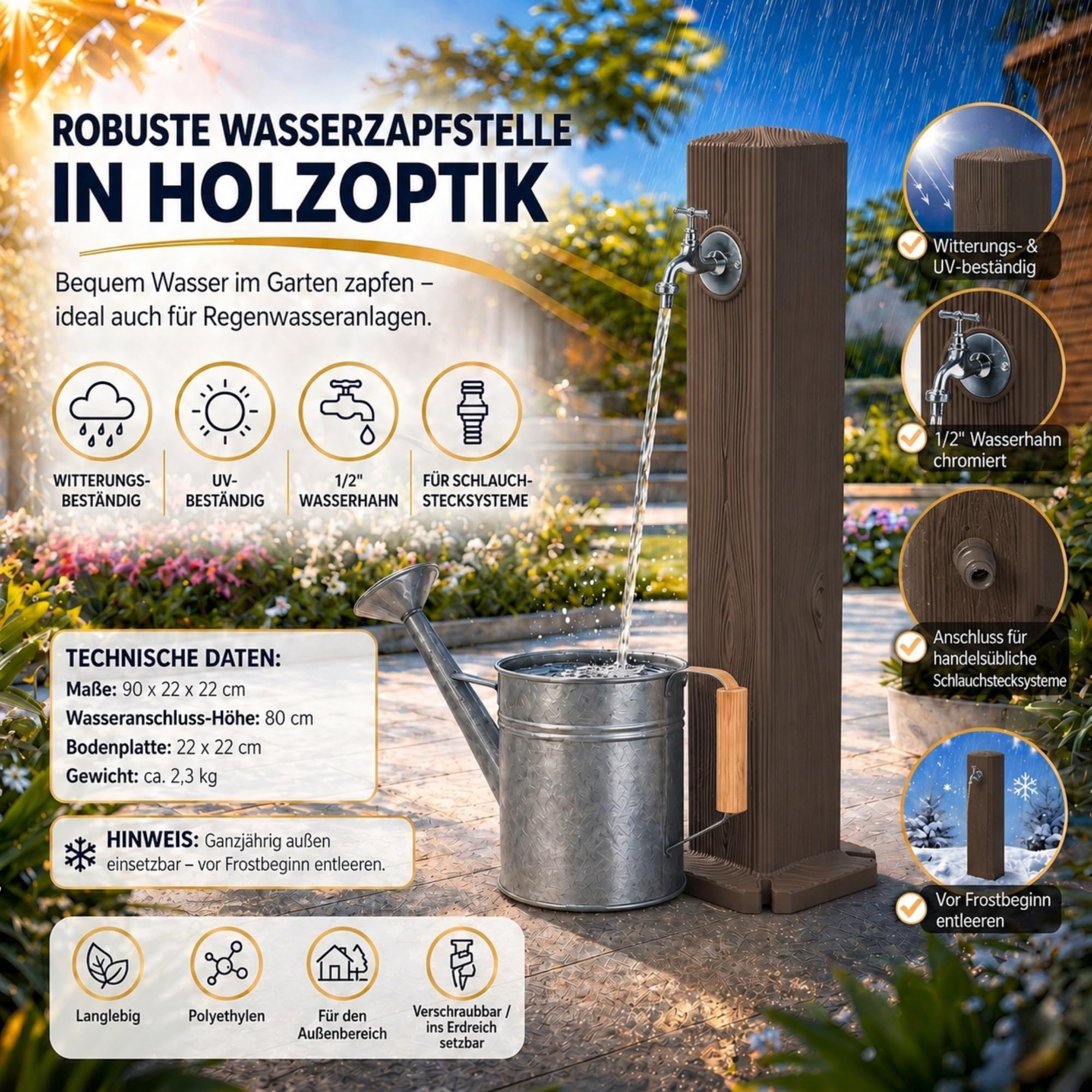 YourCasa Timberline - Colonna d'acqua da giardino, 90 cm, effetto legno, con rubinetto da 1/2", resistente ai raggi UV, prodotto in Europa (marrone)