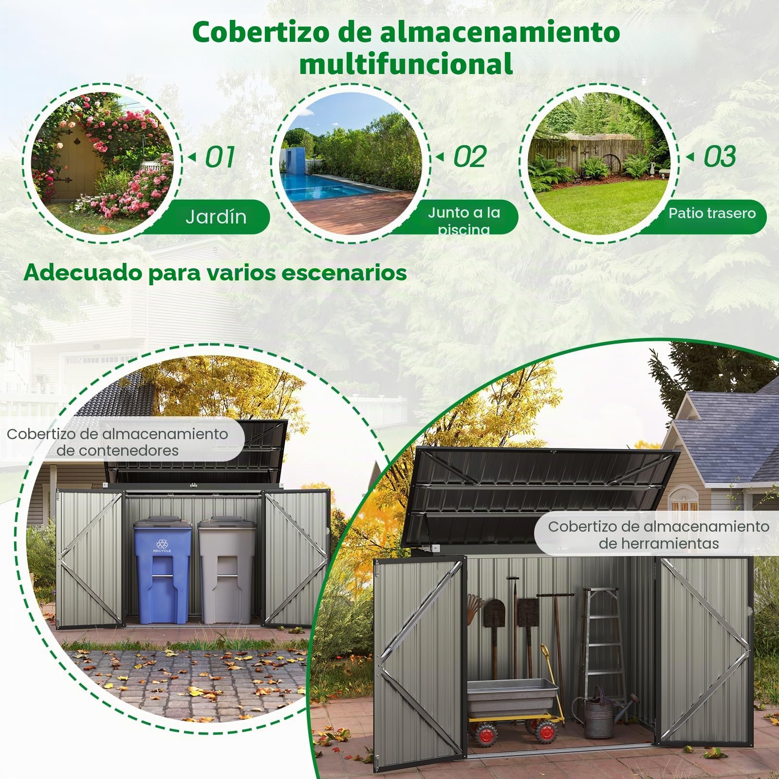 HOMASIS Cobertizo de Jardín, Caseta Metálica con Tapa Abatible de Exterior, Cobertizo de Herramientas con Doble Puerta, Alta Resistencia para Granja, Terraza, 172x101x130cm, Gris (Verde)