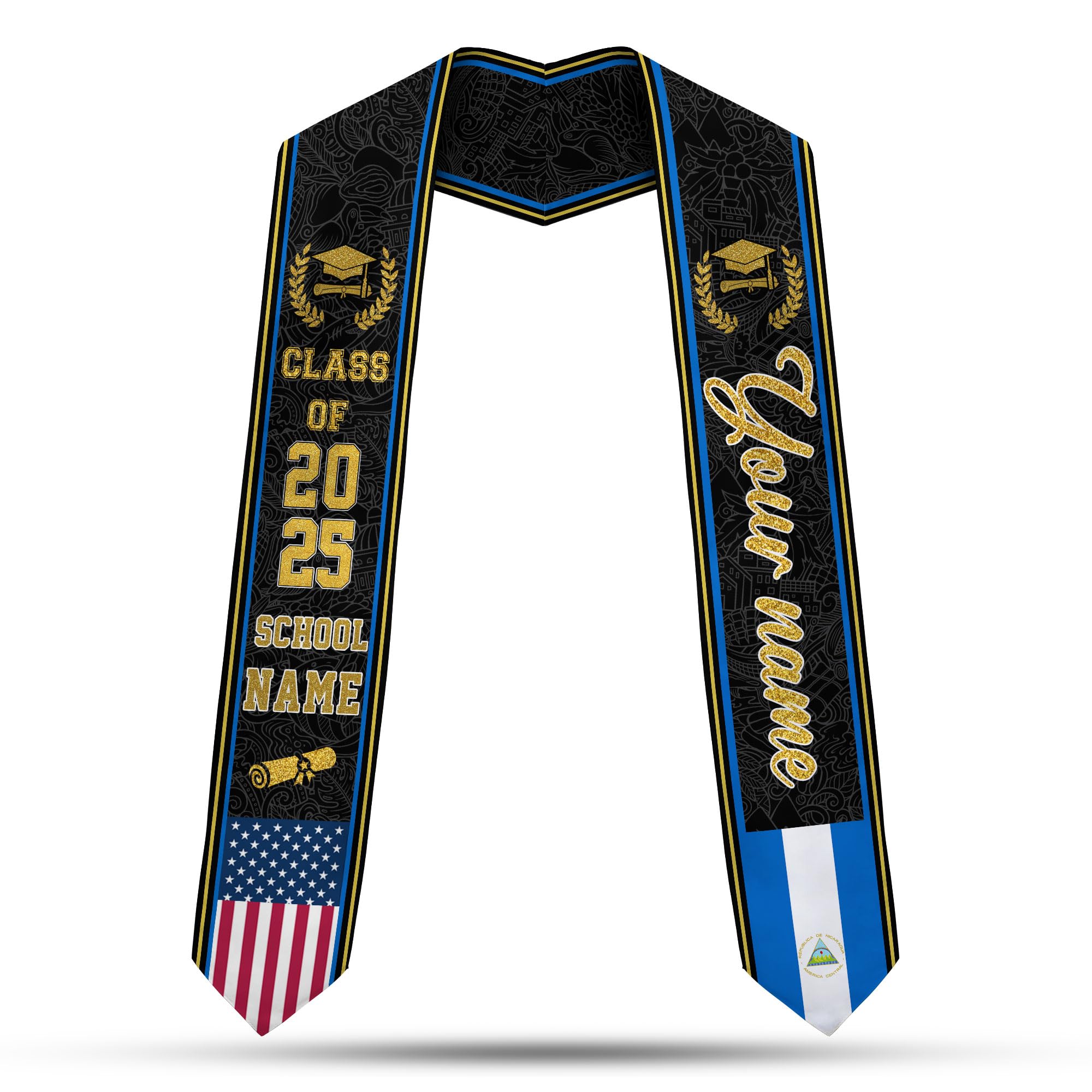 MonkeyVan Personalized Nicaragua Graduation Stole,Custom Nicaraguan Flag Graduation Sash,Nicaragua Stole Class of 2025 Sash S15