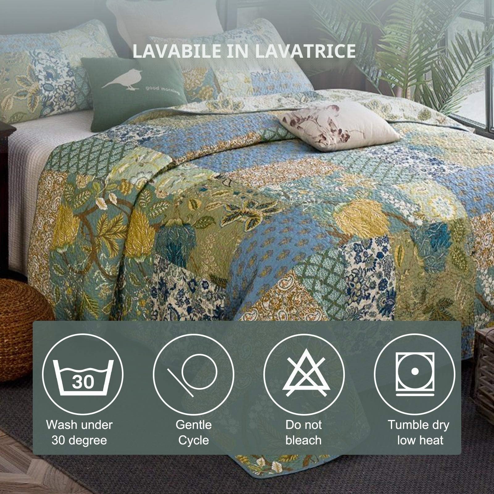 Qucover Copriletto Trapuntato Matrimoniale in Cotone con Motivo Foglie Copriletto Patchwork Vintage con due Federe 240x270 cm