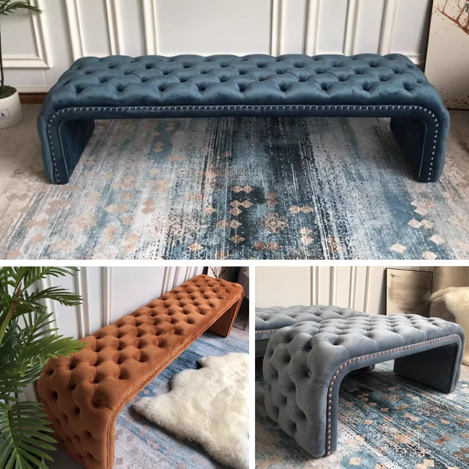 Banco Zapatero con Asiento Botones de Nudos Acolchado Cómodo Taburete Pie de Cama Esquinas Redondeadas Banco para Armario para Dormitorio Tienda Salón Entrada(Green 02,55.12in/140cm)