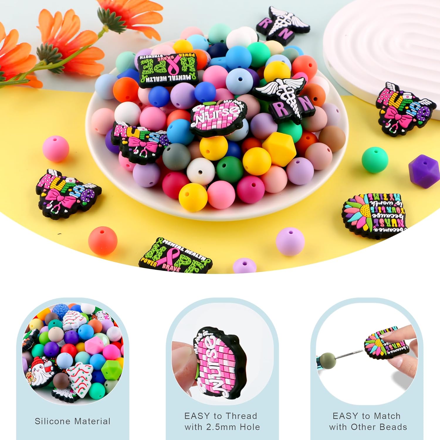 Lovymi 12PCS Medical Silicone Focal Beads for Pens, Bowknot Nurse Silicone Beads for Keychain Making DIY Handicraft - Image 6